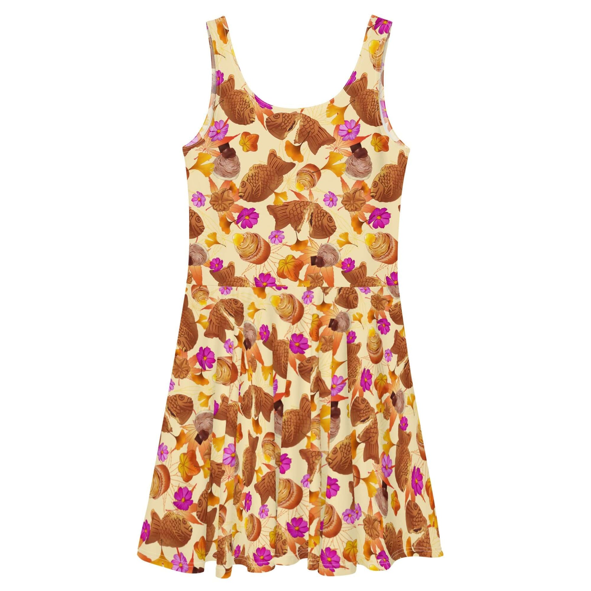 Vibrant Momiji Skater Dress with warm tones and floral design, perfect for fall occasions and stylish outings.