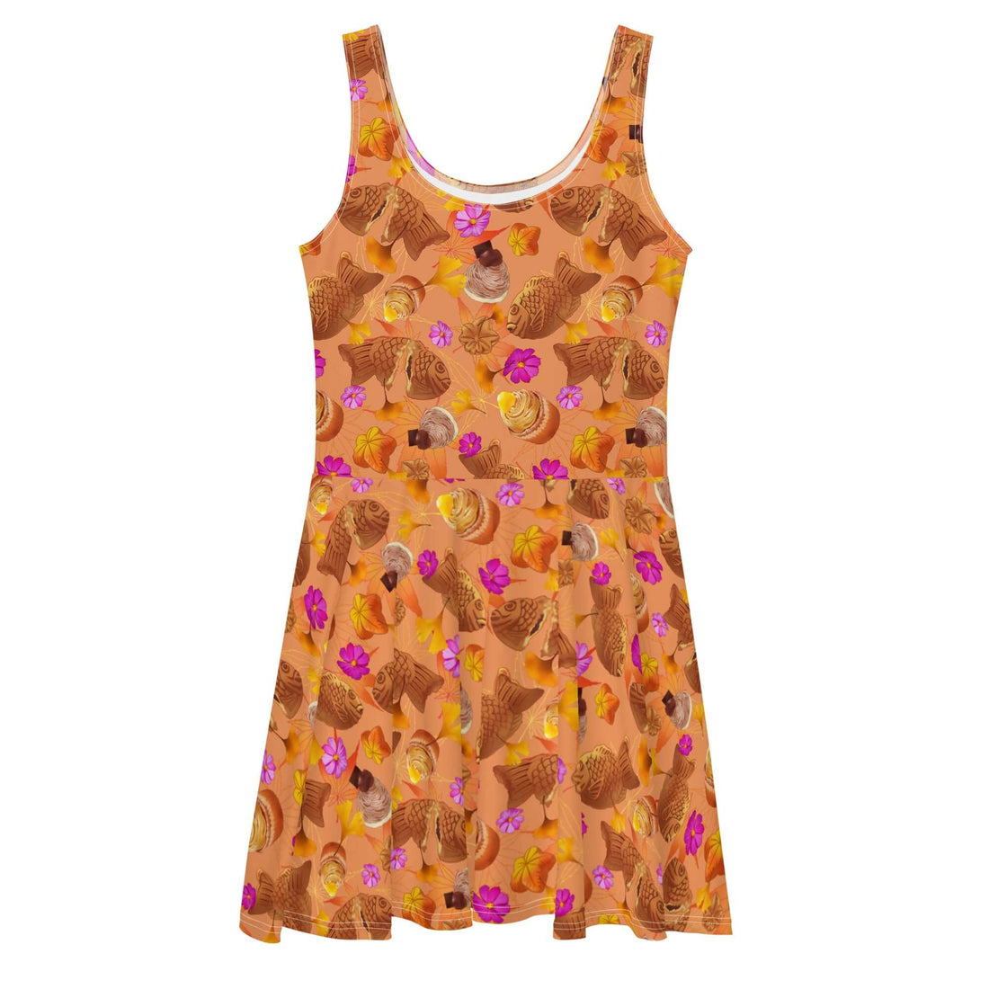 Momiji Skater Dress in warm tones and pink, perfect for fall occasions with an elegant flared skirt. Shop now!