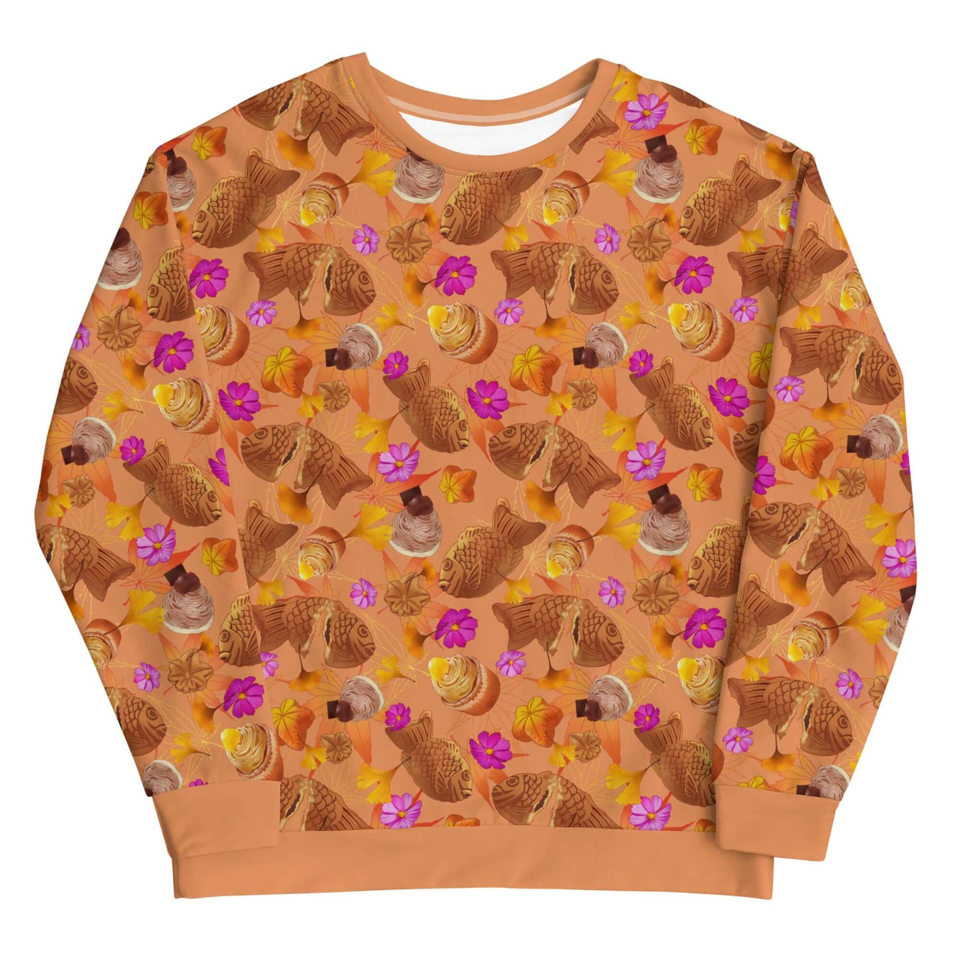 Stylish Momiji Sweatshirt in warm tones and pink accents, perfect for fall occasions with cozy fleece lining.