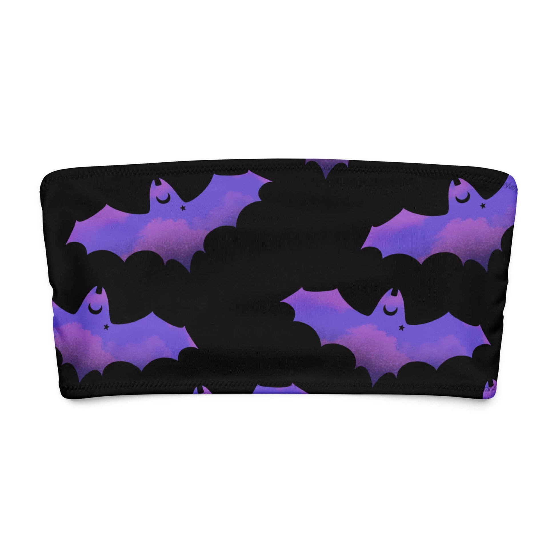 Morrigan bandeau bikini top with bat-themed design in purple and black, perfect for summer fun and lounging.