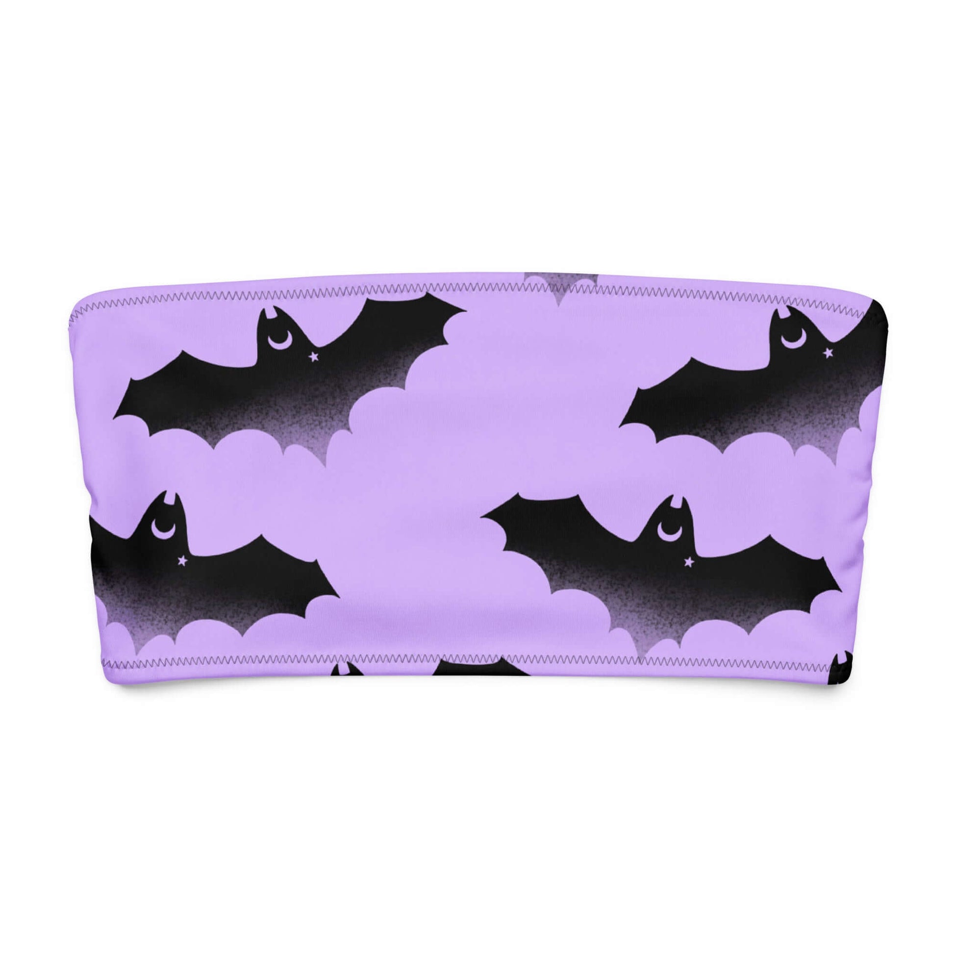 Morrigan bandeau bikini top in lavender with a fun black bat pattern, perfect for stylish poolside lounging.