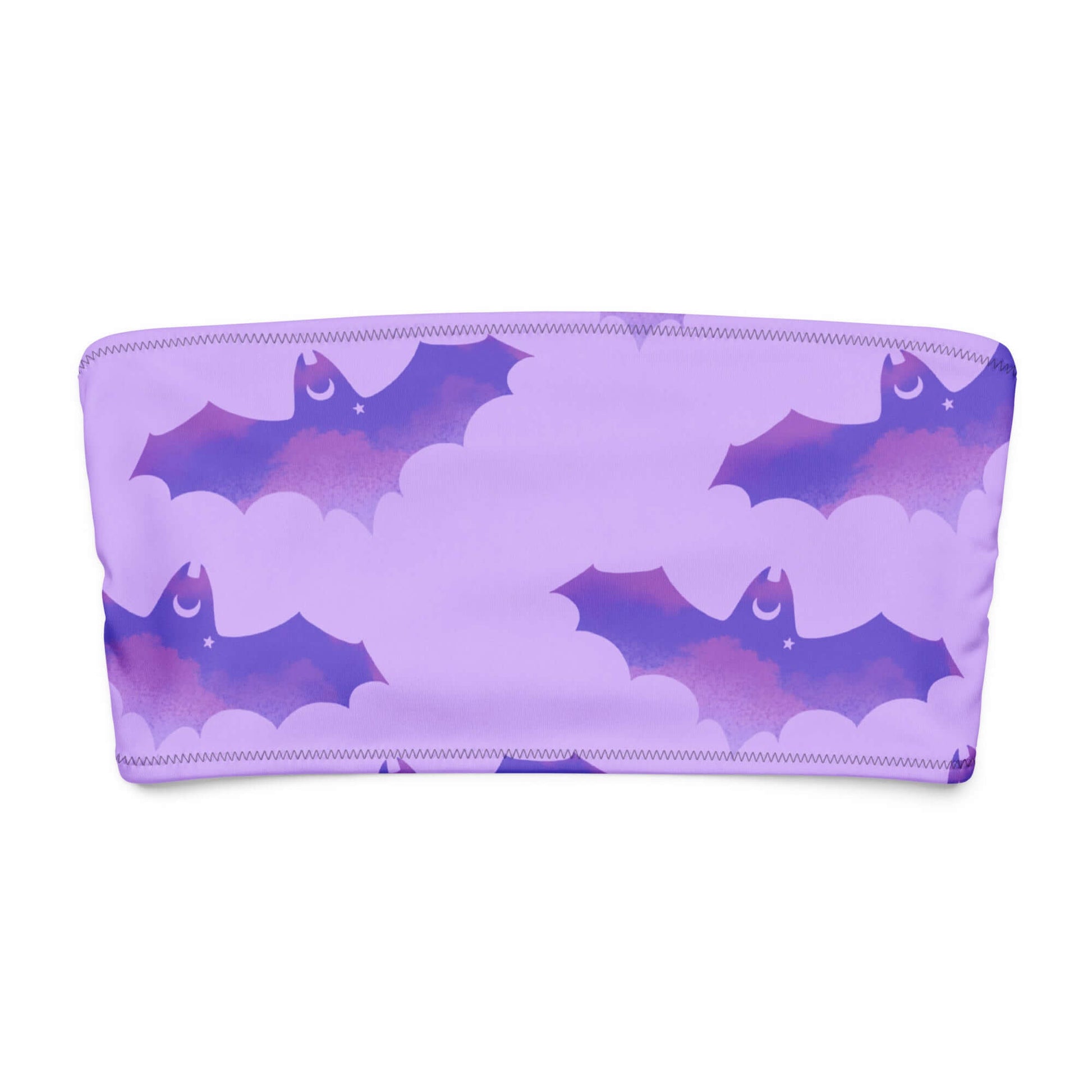 Morrigan bandeau bikini top in purple with whimsical bat and cloud print, perfect for sunny days.