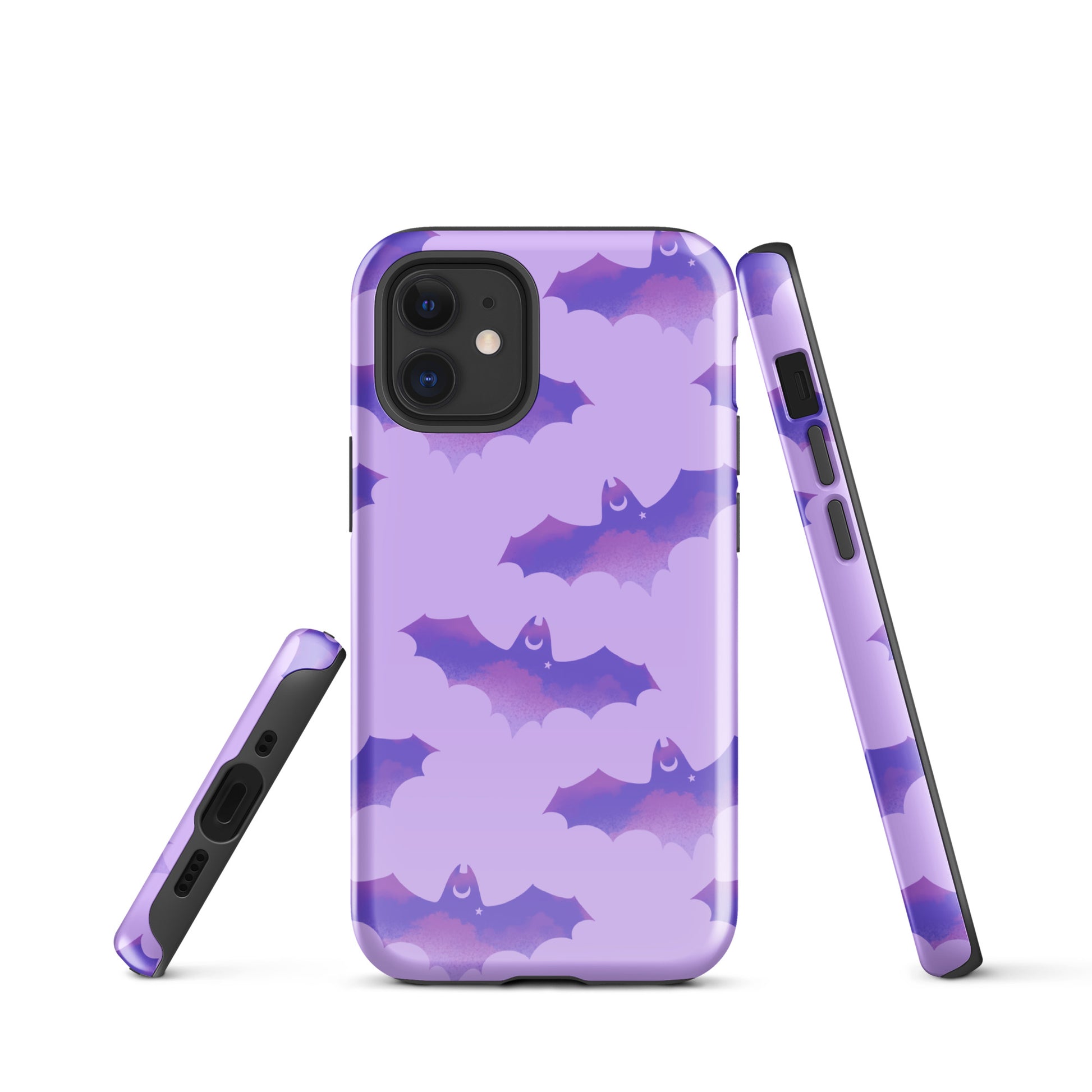Stylish Morrigan iPhone® Tough Case featuring bats on a purple background, perfect for protection and flair.