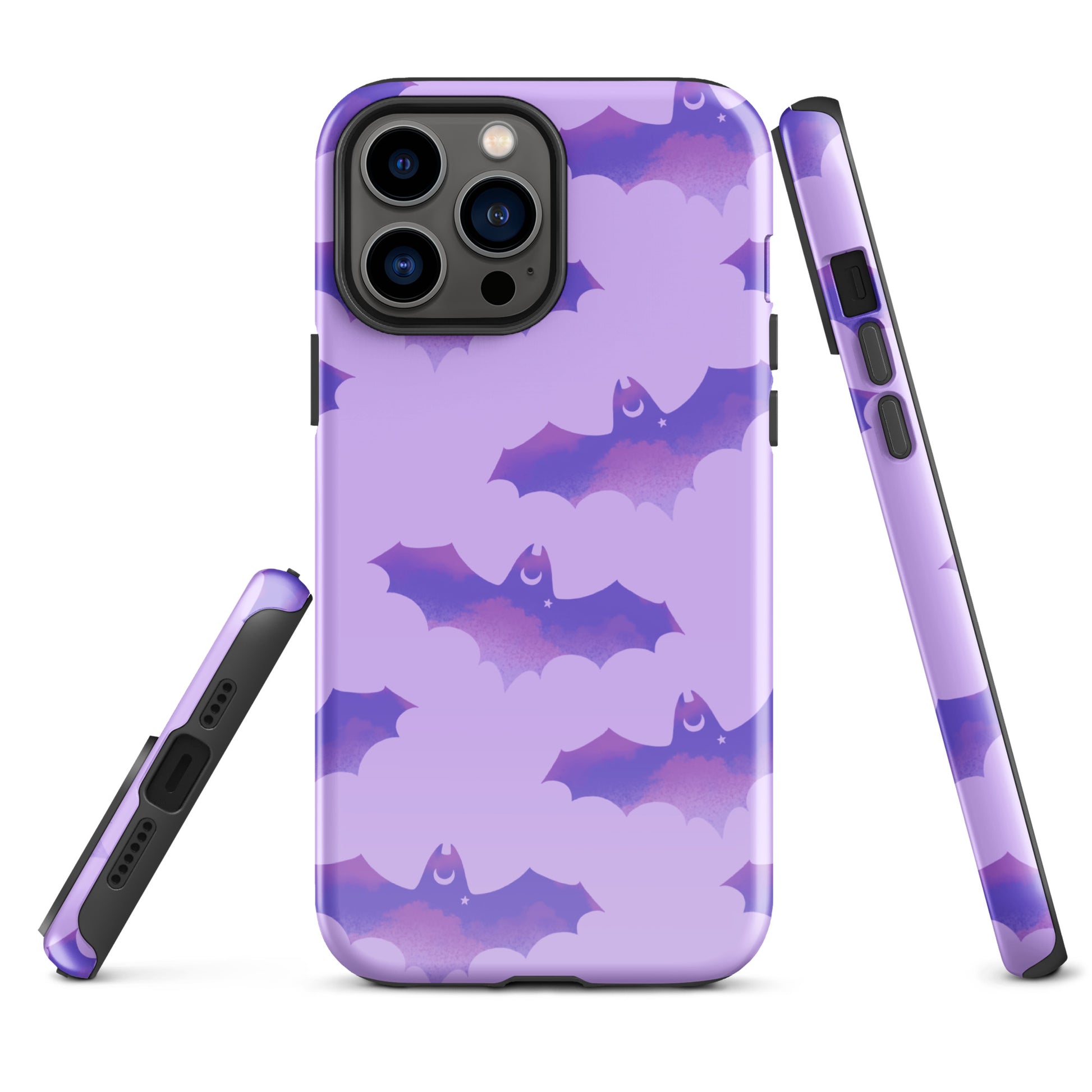 Stylish Morrigan iPhone® Tough Case features bats on purple, offering durable protection for your device year-round.