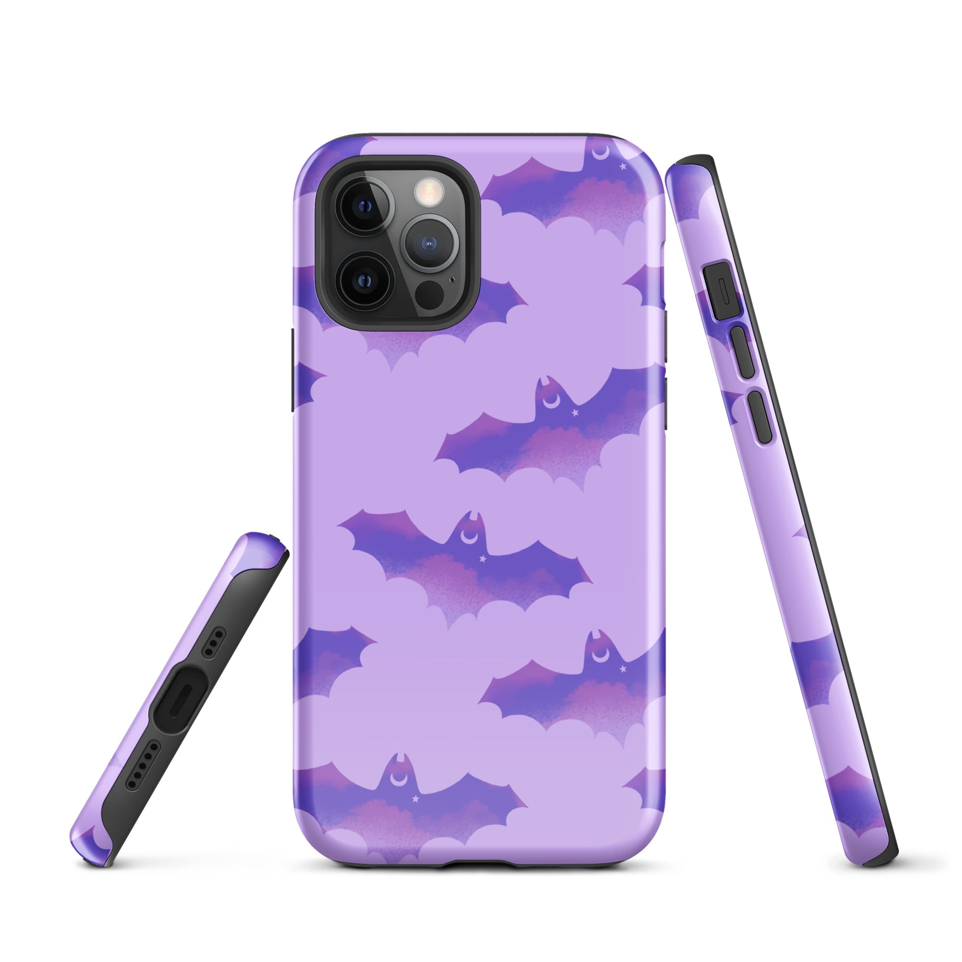 Stylish Morrigan iPhone® Tough Case in purple with bats, offering durable protection and maximum impact absorption.
