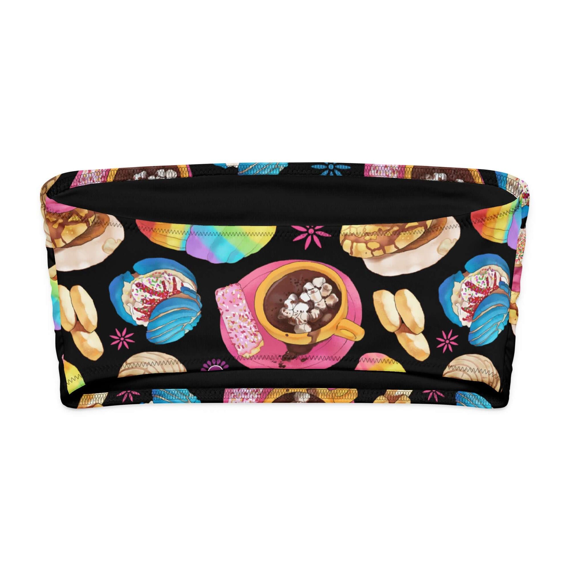 Colorful Pan Dulce bandeau bikini top featuring sweet treats on a black background, perfect for tanning or lounging.