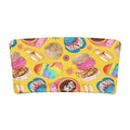 Bright bandeau bikini top featuring fun cookie and donut patterns on a sunny yellow background.
