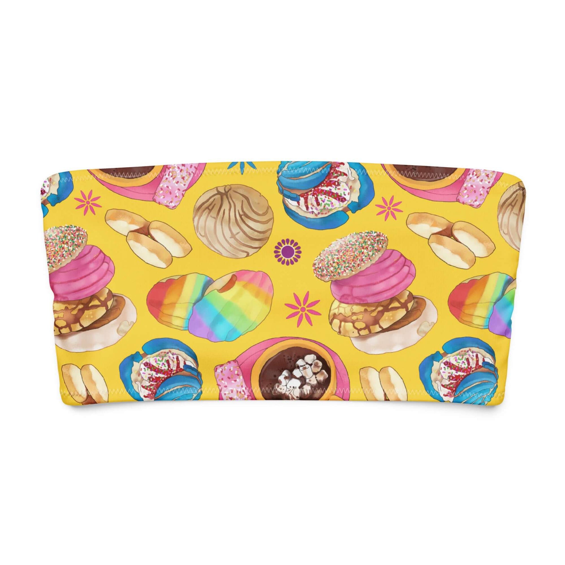 Bright bandeau bikini top featuring fun cookie and donut patterns on a sunny yellow background.