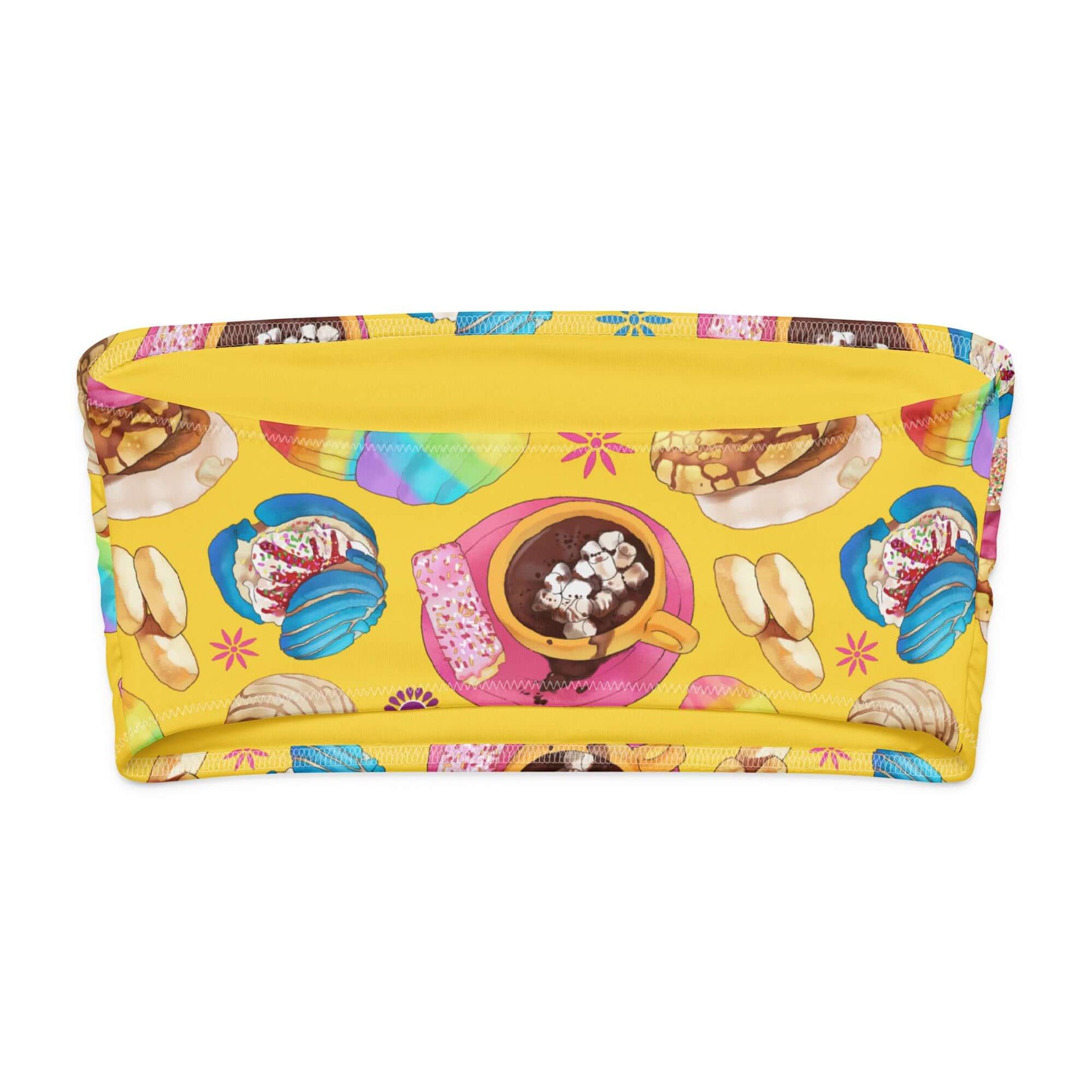 Pan Dulce Bandeau Bikini Top with colorful dessert prints, perfect for summer lounging and sun protection.