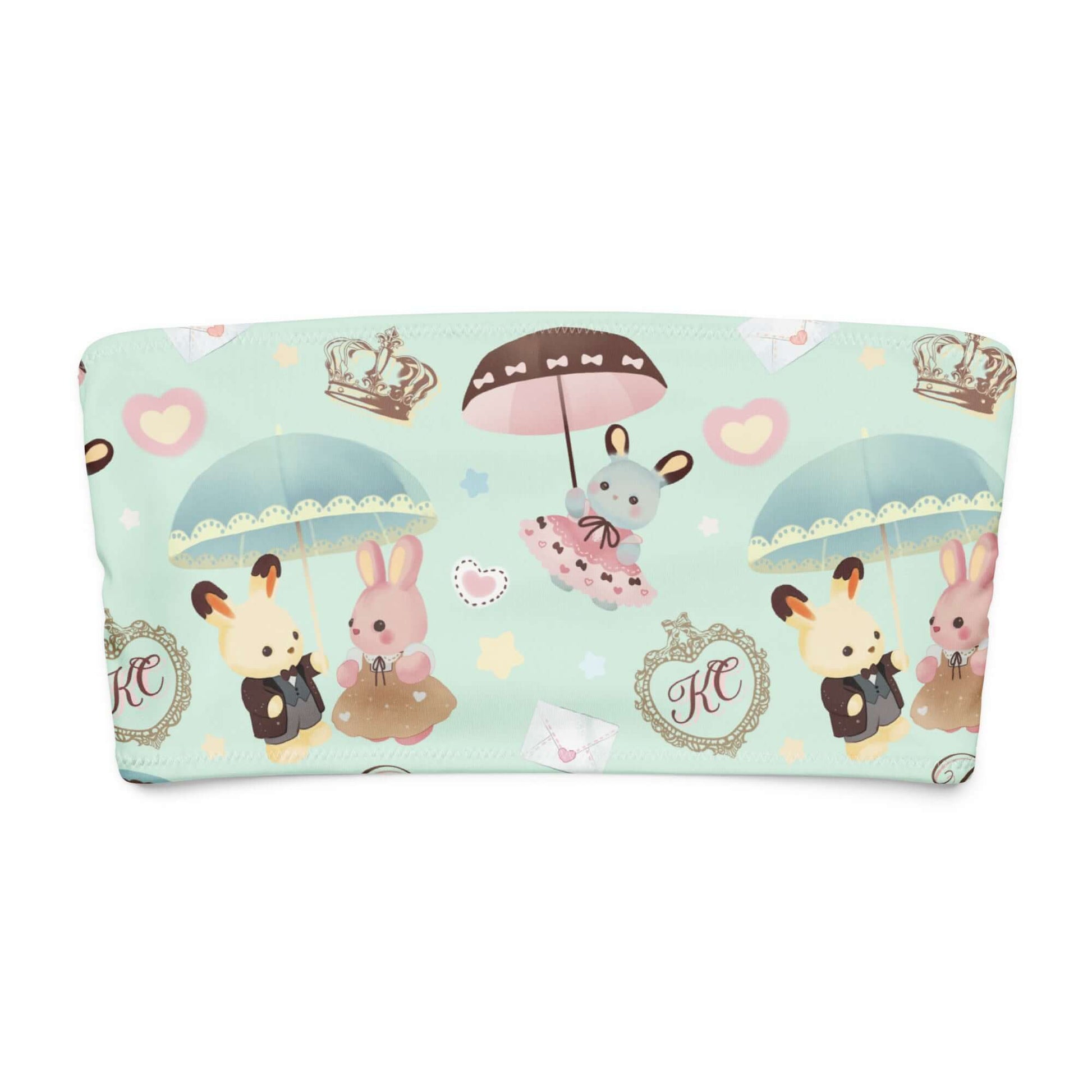 Fun Parasol Bunny Bandeau Bikini Top with cute bunnies and parasols on a mint background.