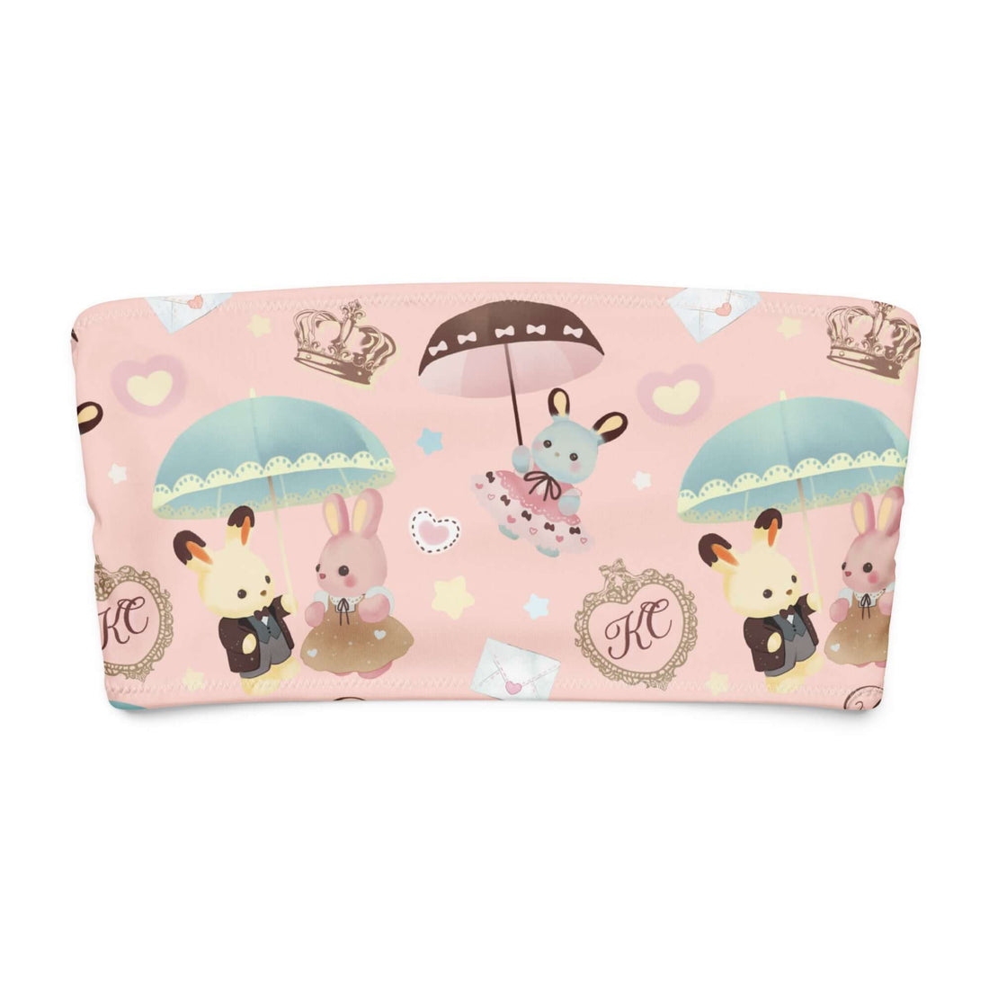 Cute pastel bunny bandeau bikini top with umbrellas and heart patterns, perfect for sunny days at the beach.