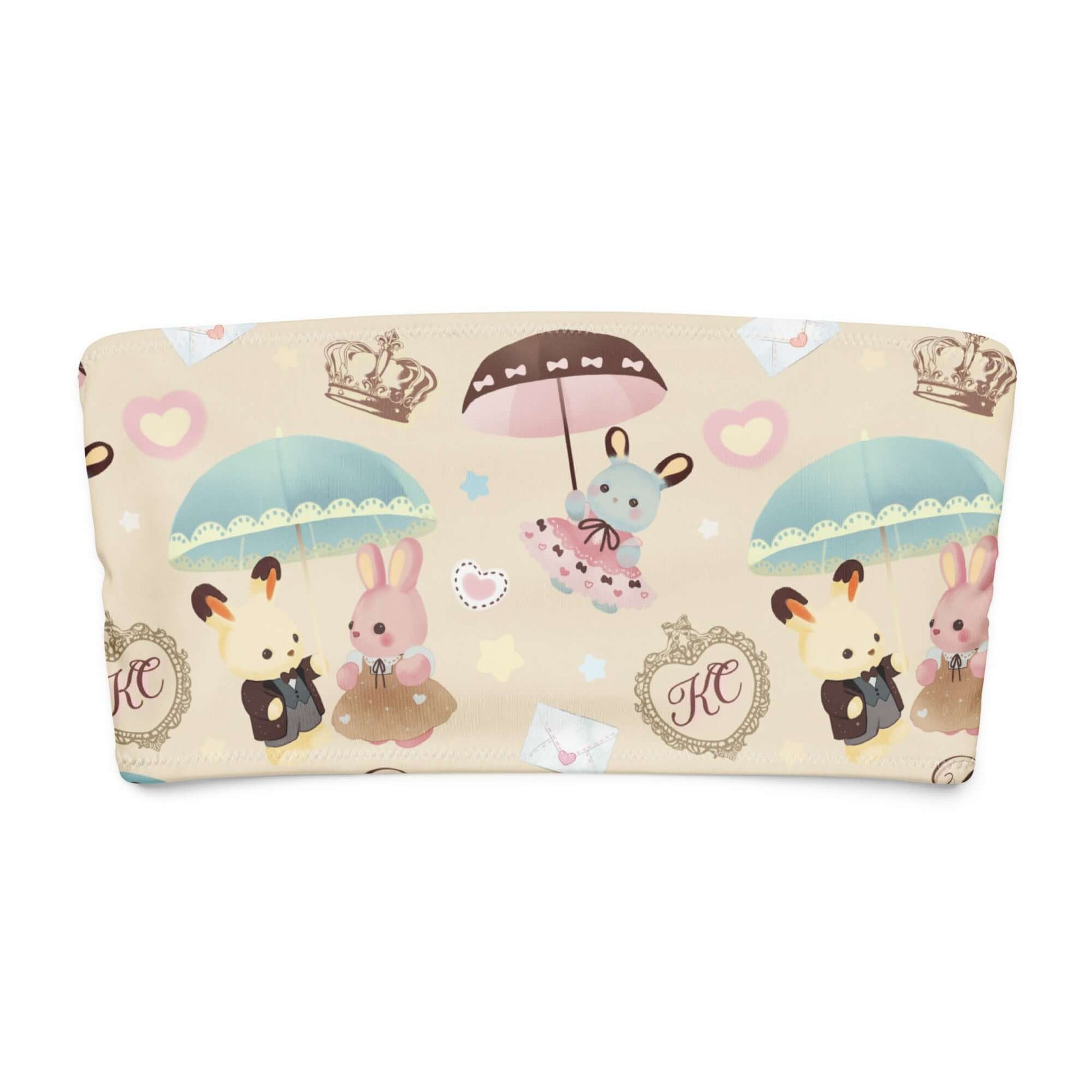 Cute bandeau bikini top featuring adorable bunnies under umbrellas in pastel colors.