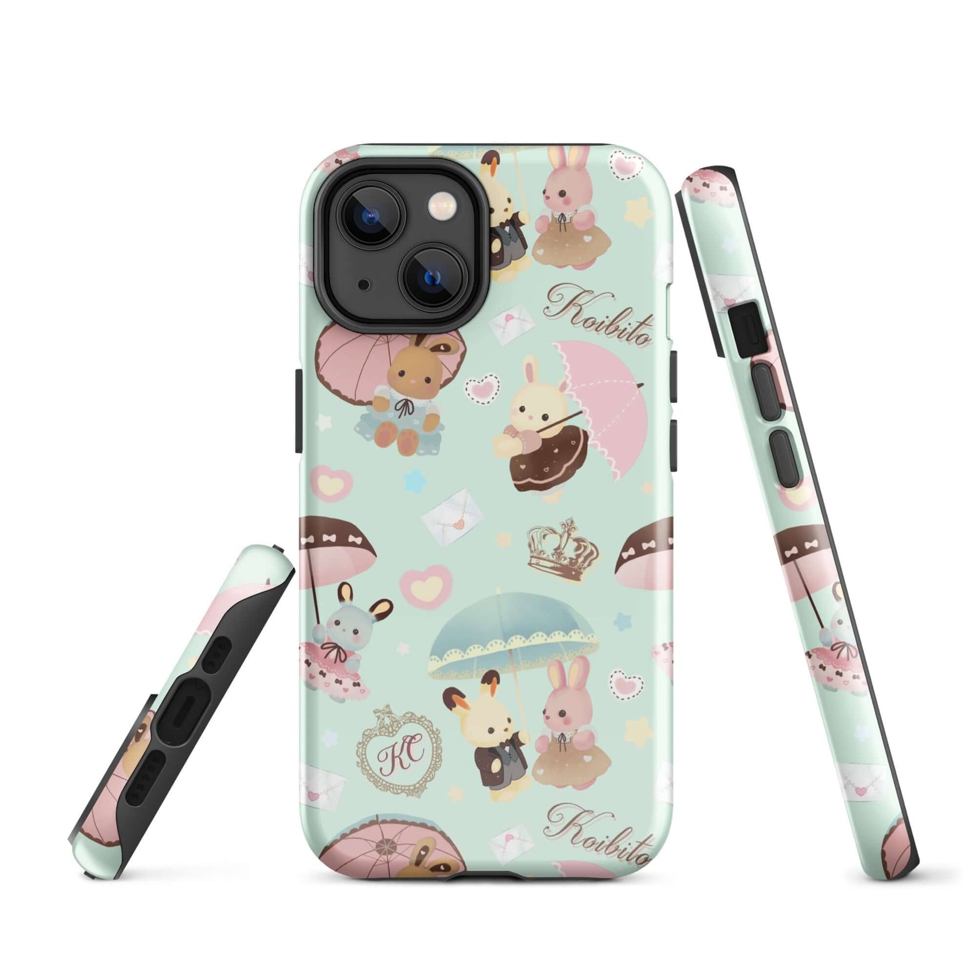 Colorful Parasol Bunny iPhone® Tough Case featuring adorable bunnies and umbrellas for stylish phone protection.