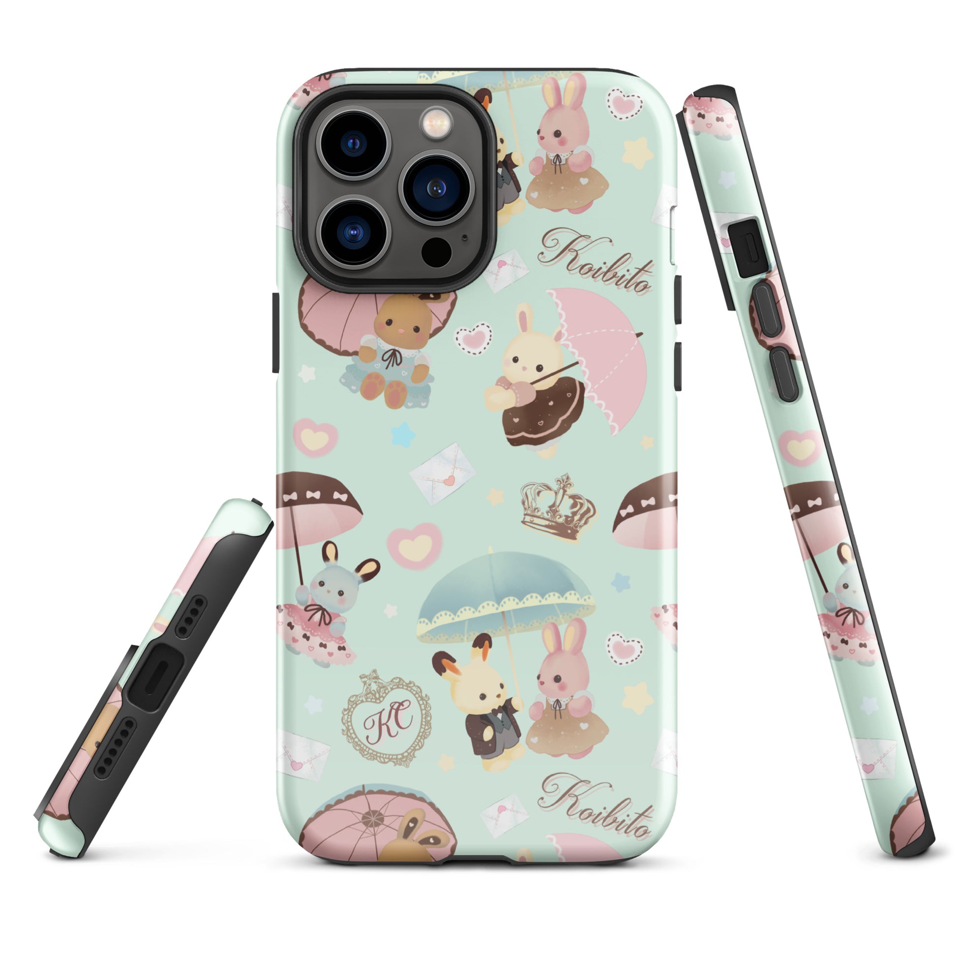 Stylish Parasol Bunny iPhone® Tough Case featuring cute bunnies and umbrellas, perfect for durable phone protection.