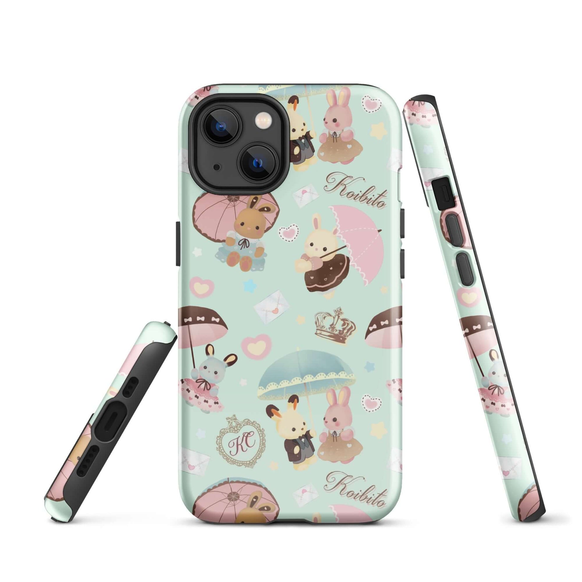 Stylish Parasol Bunny iPhone® Tough Case featuring cute bunnies and umbrellas for trendy phone protection.
