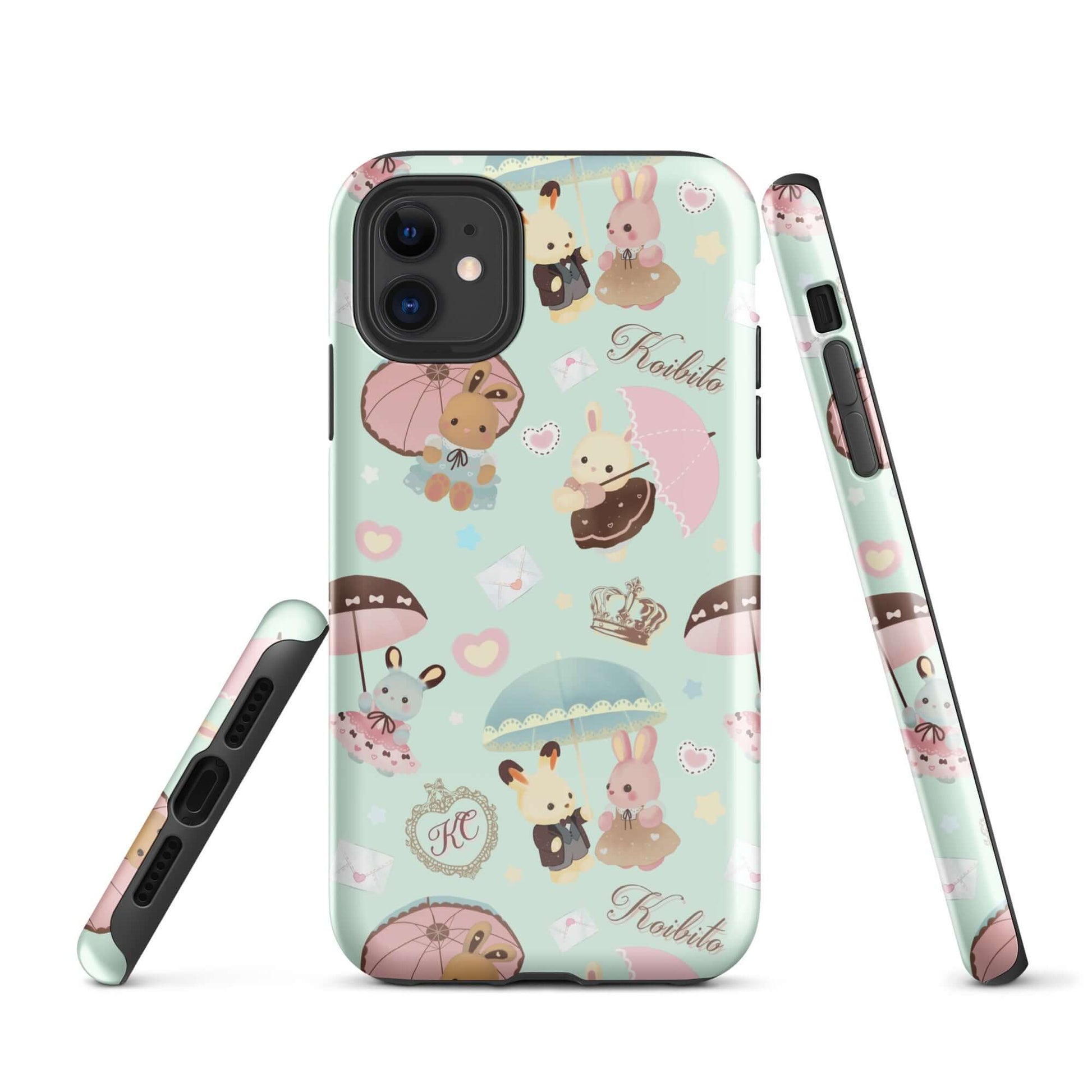 Stylish Parasol Bunny iPhone® Tough Case featuring cute bunnies and umbrellas, perfect for year-round phone protection.