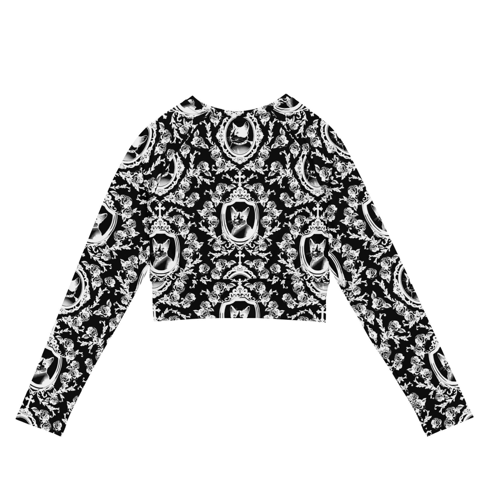 Queen's Beloved Kitty Long-sleeved Crop Top features a regal cat print, perfect for stylish and eco-friendly outfits.