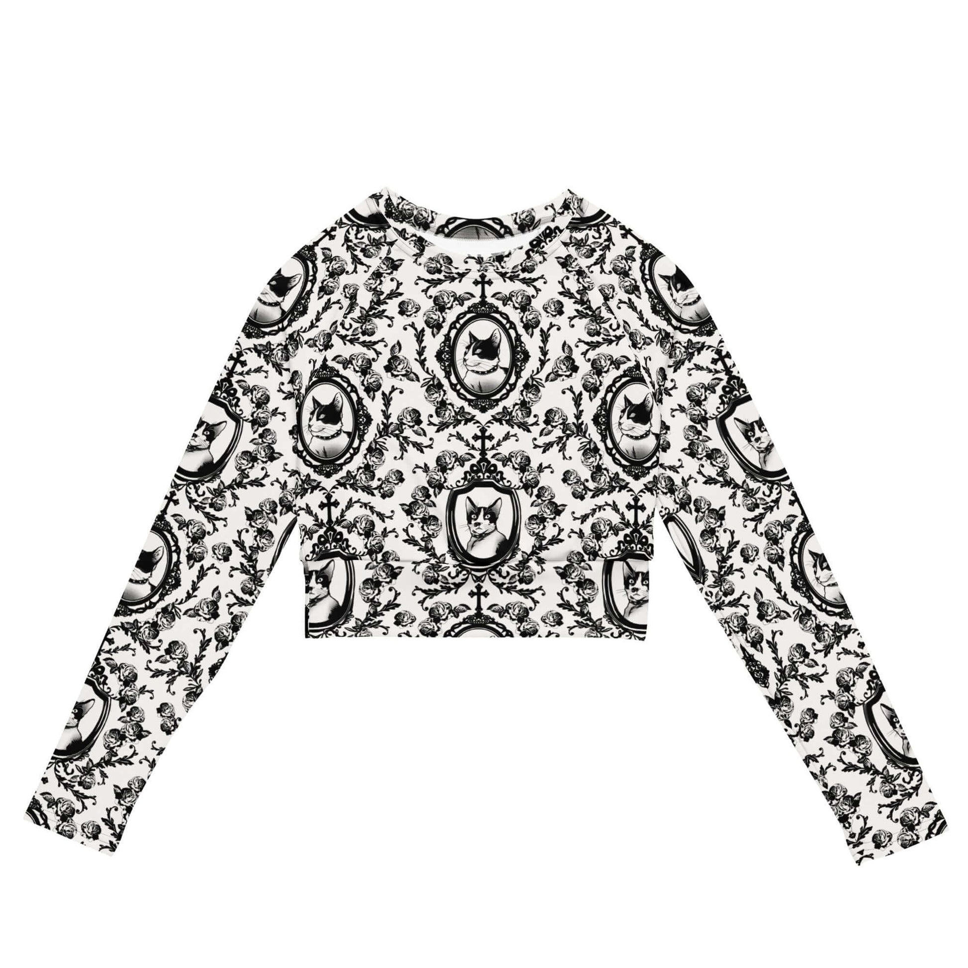 Showcase your style with the Queen's Beloved Kitty Long-sleeved Crop Top, a regal yet casual eco-friendly choice.