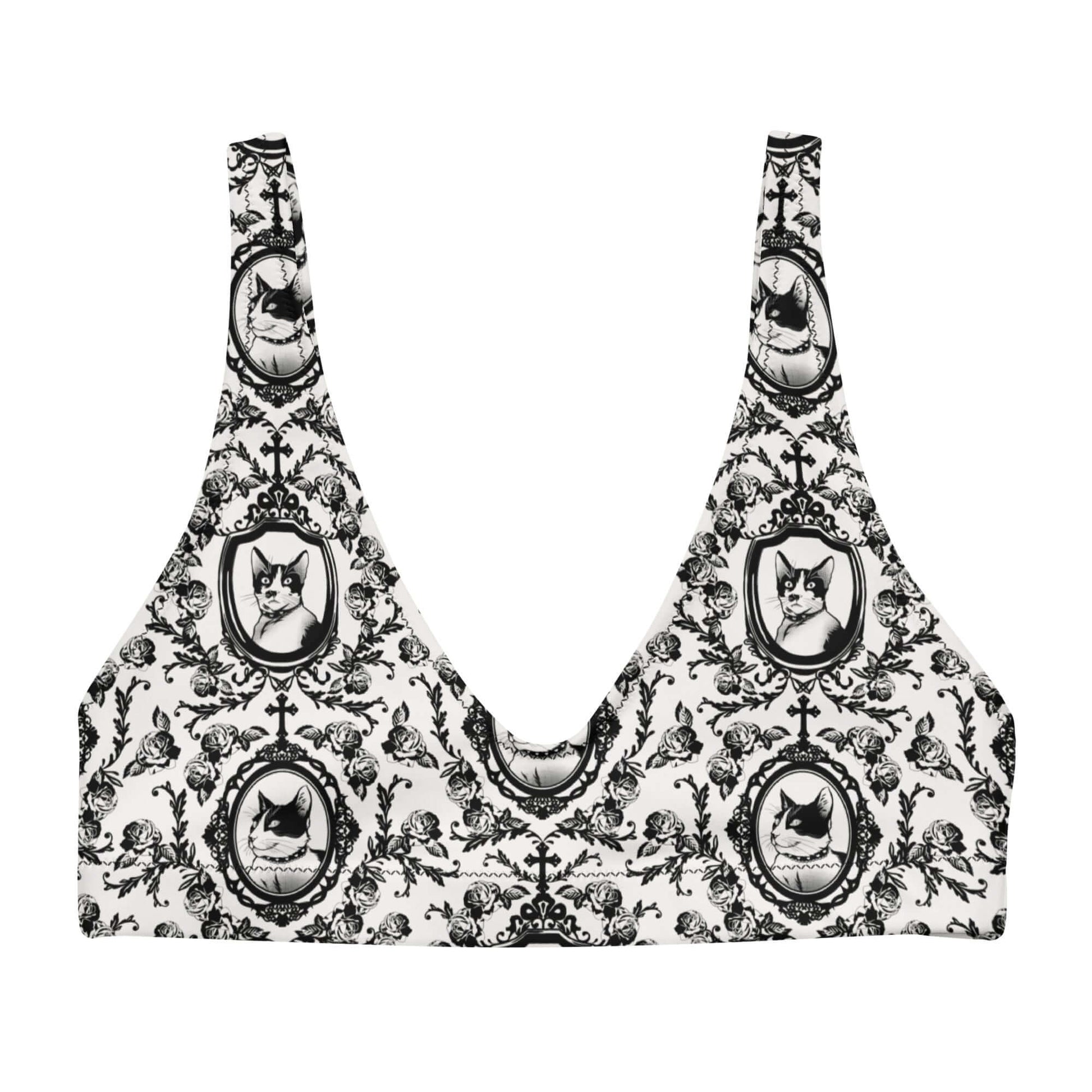 Stylishly casual, the Queen's Beloved Kitty Padded Bikini Top features a regal cat print and removable pads.