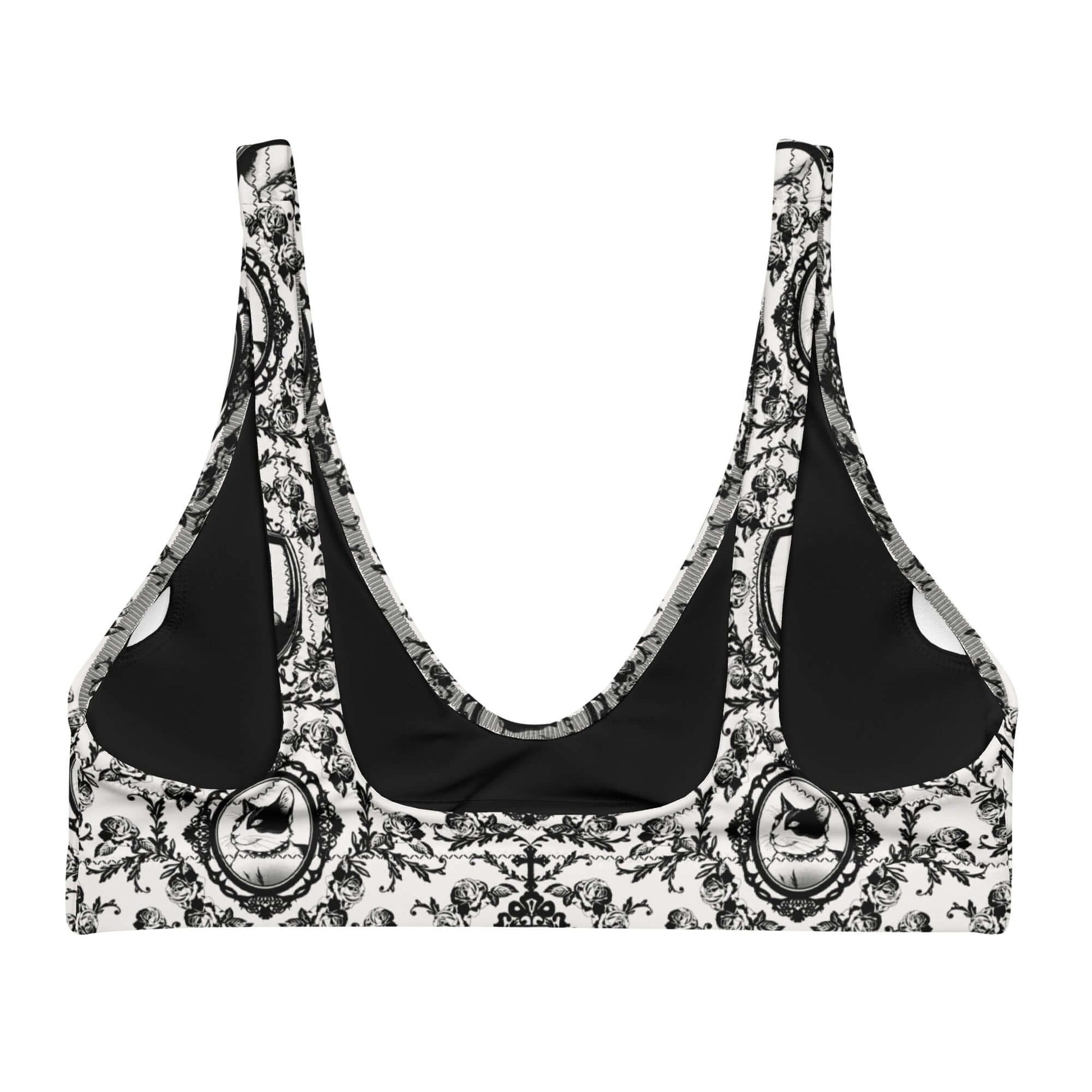 Stylish Queen's Beloved Kitty Padded Bikini Top with regal design, featuring removable pads and recycled materials.