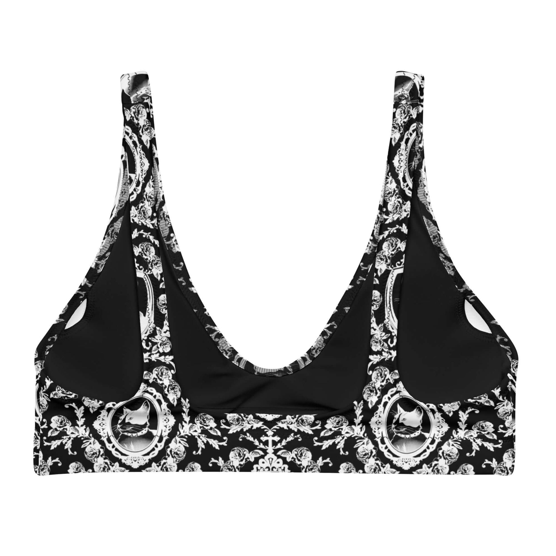 Stylish Queen's Beloved Kitty Padded Bikini Top featuring a regal design, perfect for any occasion. Made from recycled materials.