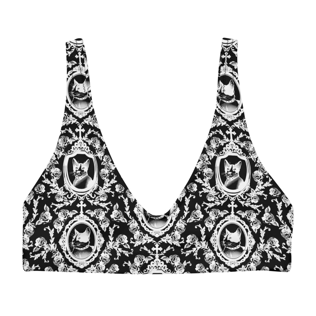 Stylish Queen's Beloved Kitty Padded Bikini Top featuring a regal cat print, perfect for summer elegance and comfort.