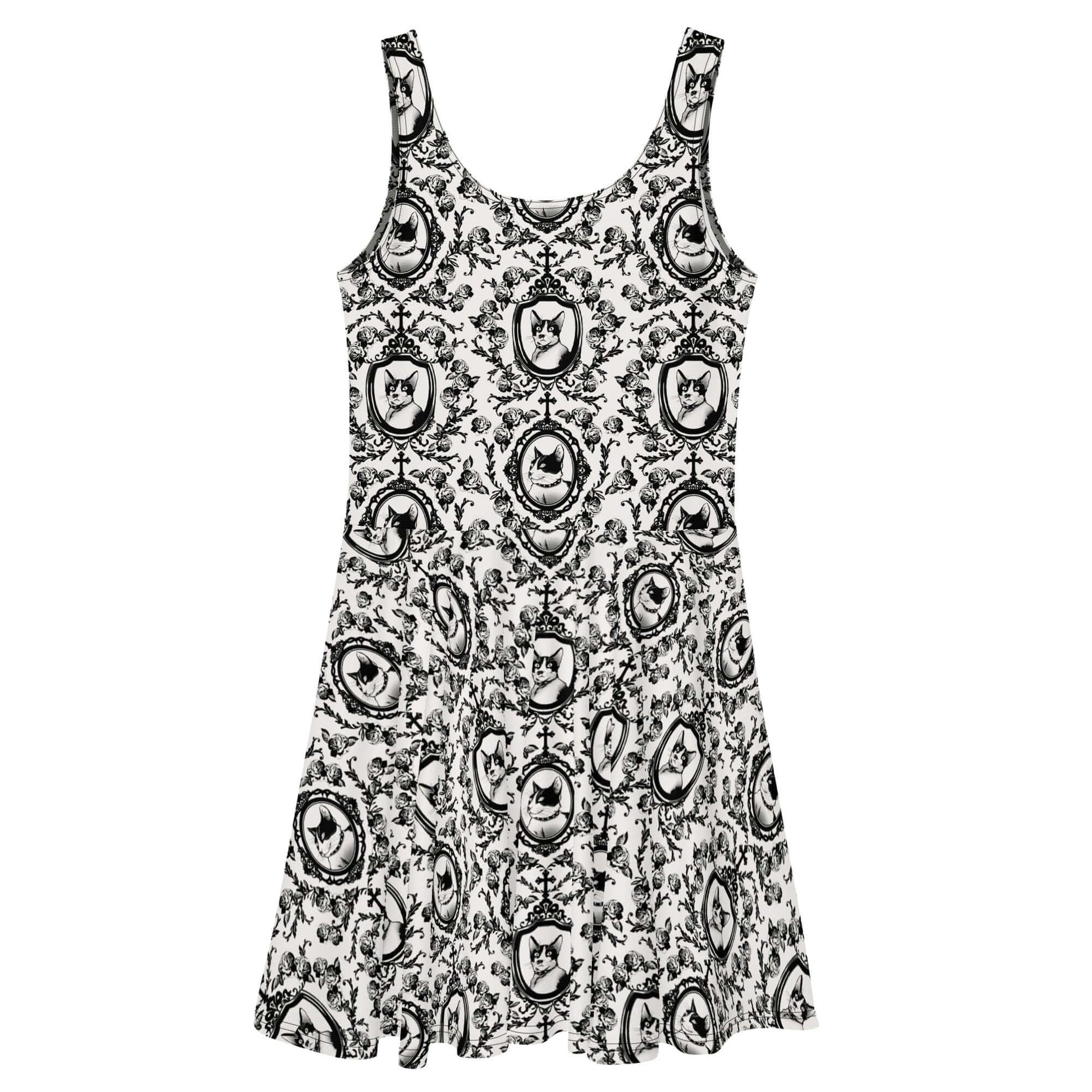 Stylish Queen's Beloved Kitty Skater Dress featuring a flared skirt and intricate cat designs, perfect for any occasion.