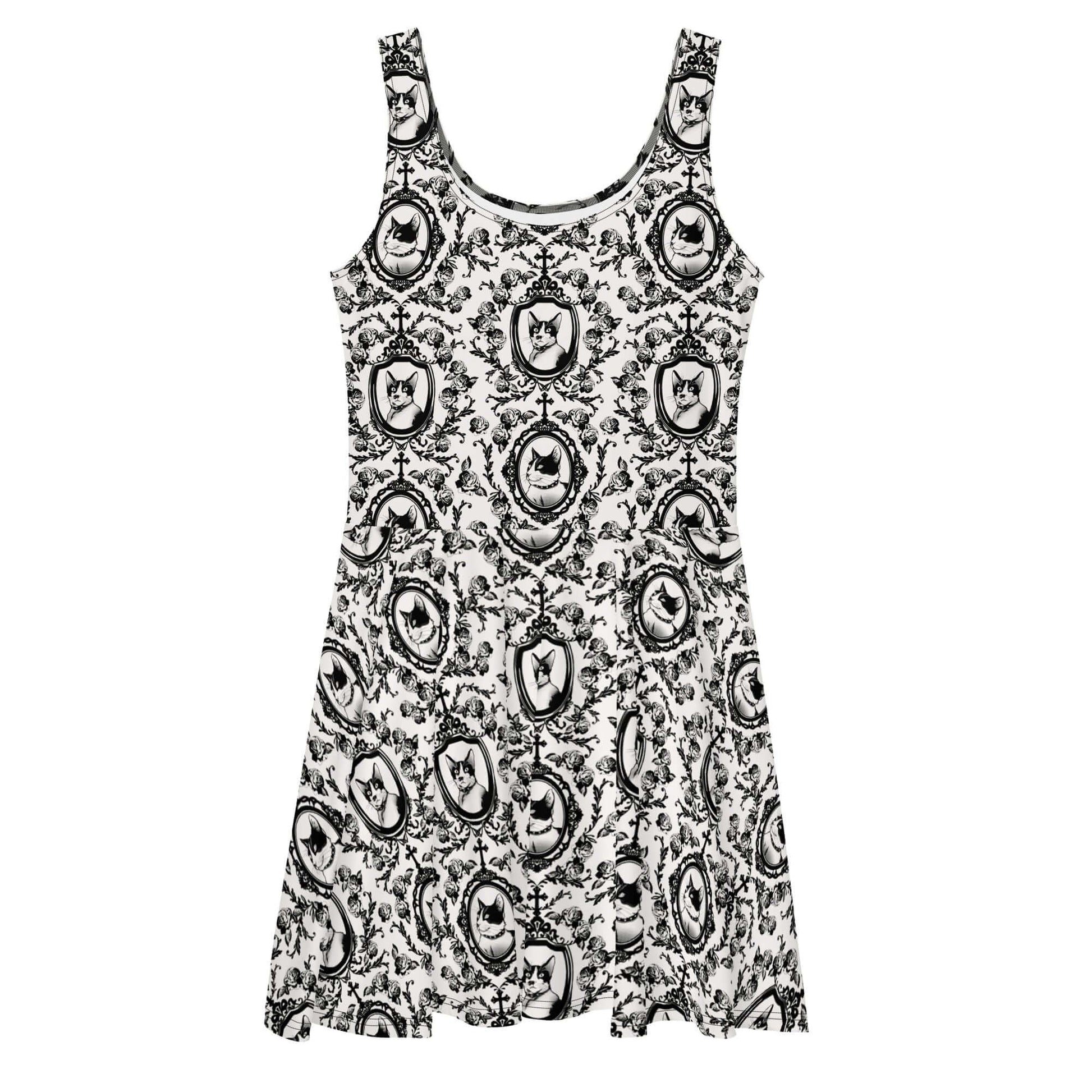 Stylish Queen's Beloved Kitty Skater Dress with elegant flared skirt and intricate cat design, perfect for any occasion.