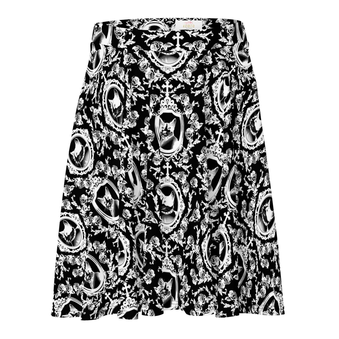 Stylish Queen's Beloved Kitty Skater Skirt, perfect for lounging or outings, features a flared cut and soft fabric.