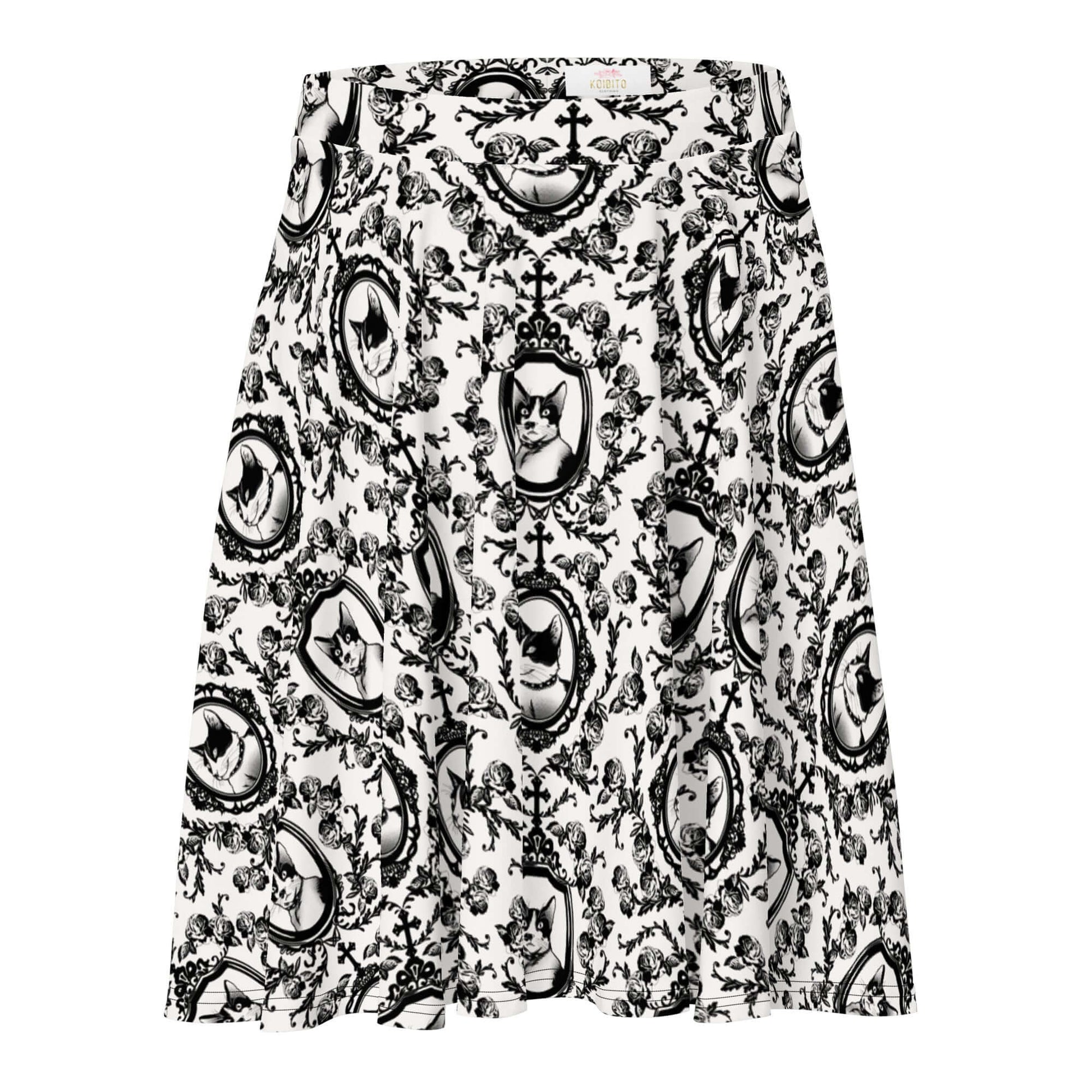 Stylish Queen's Beloved Kitty Skater Skirt features a playful cat print, perfect for lounging or outings.
