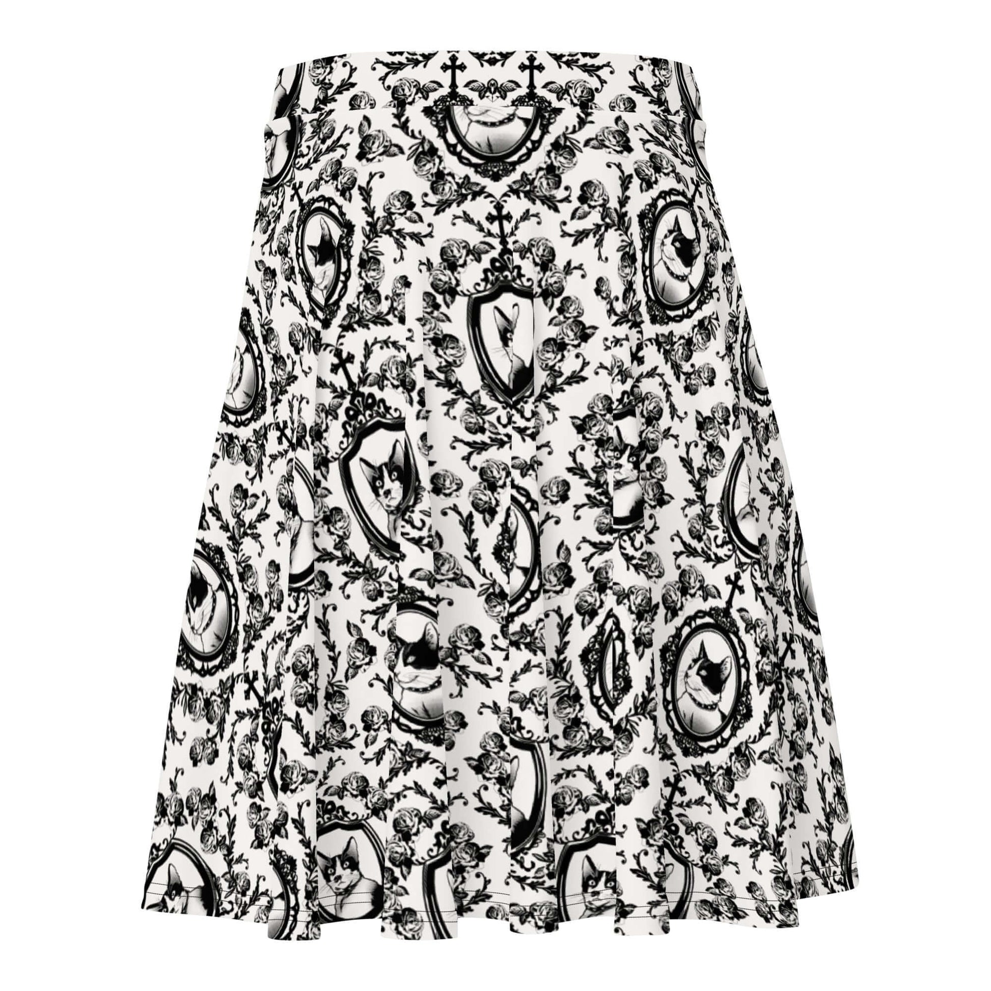 Stylish Queen's Beloved Kitty Skater Skirt with elegant cat print, perfect for lounging or showcasing your unique style.