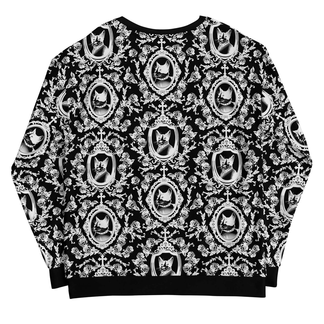 Stylish back view of the Queen's Beloved Kitty Sweatshirt featuring elegant black-and-white motifs and a cozy design.
