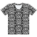 Stylish Queen's Beloved Kitty T-shirt featuring elegant black-and-white motifs for a chic and comfortable look.