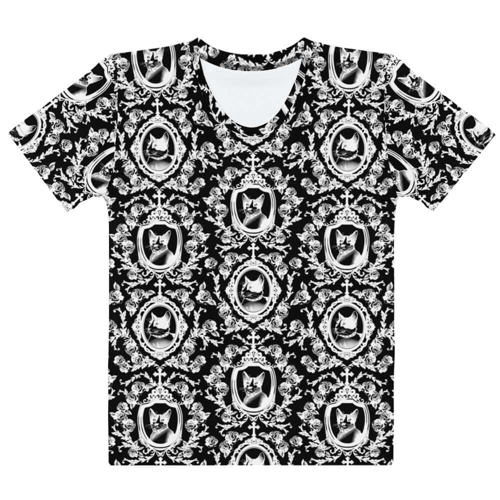 Stylish Queen's Beloved Kitty T-shirt featuring elegant black-and-white motifs for a chic and comfortable look.