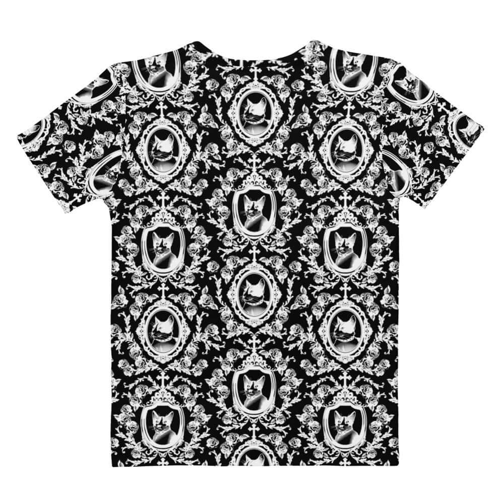Stylish Queen's Beloved Kitty T-shirt featuring elegant black-and-white motifs, perfect for any outfit.