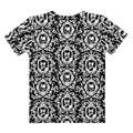Stylish Queen's Beloved Kitty T-shirt featuring elegant black-and-white motifs, perfect for any outfit.