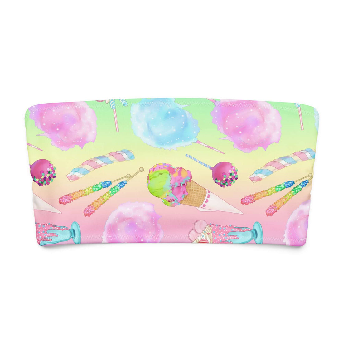 Colorful bandeau bikini top featuring cotton candy, ice cream, and candy graphics against a pastel background.