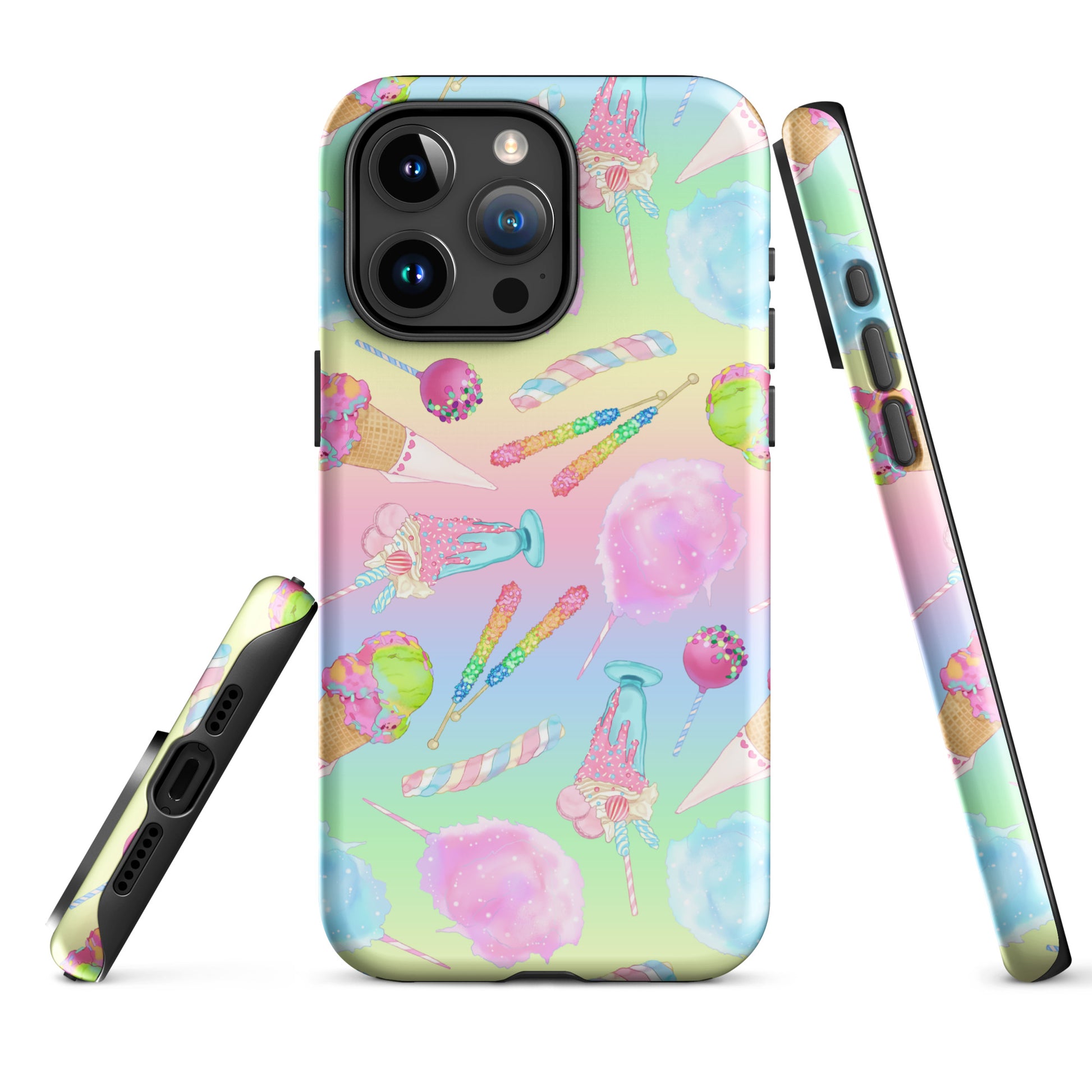 Stylish Rainbow Candy iPhone® Tough Case featuring vibrant candy prints for durable phone protection.