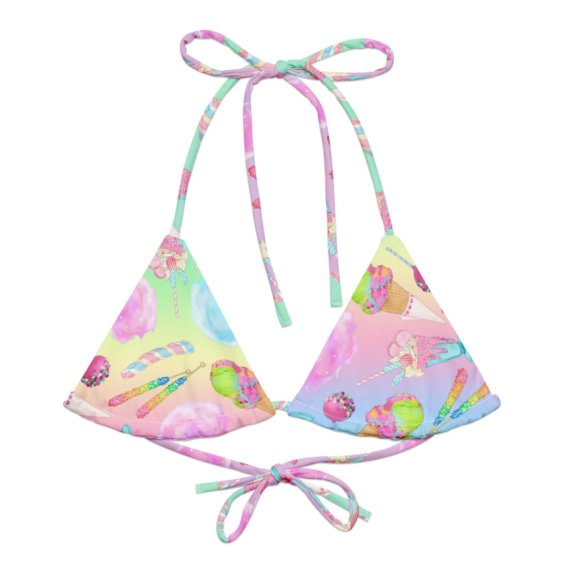 Colorful Rainbow Candy Padded String Bikini Top made from recycled materials, perfect for summer beach days.