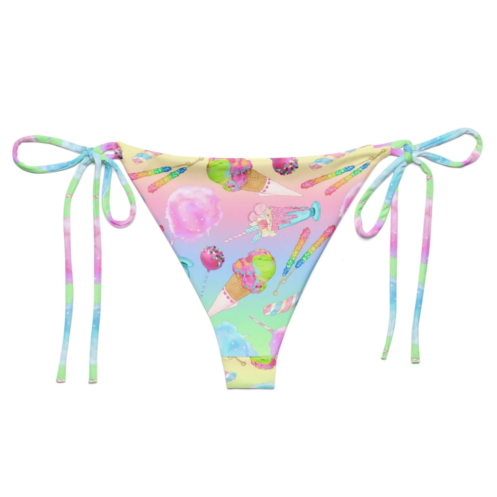 Rainbow Candy String Bikini Bottom features a colorful candy print, perfect for summer poolside relaxation.