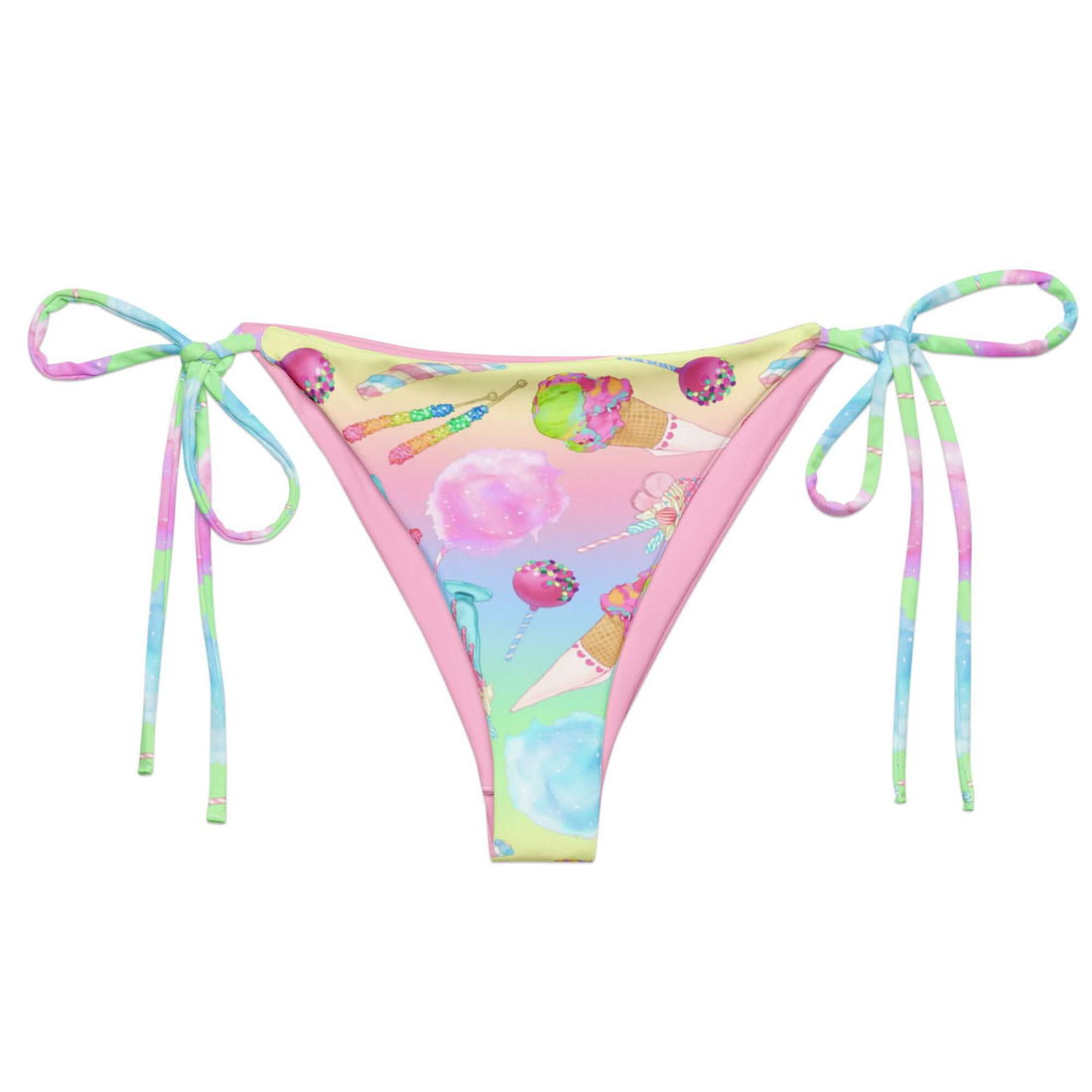 Rainbow Candy String Bikini Bottom with colorful candy print, perfect for poolside relaxation this summer.