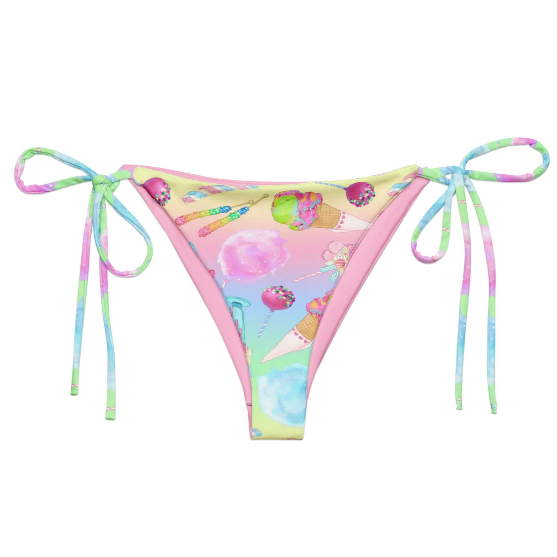 Rainbow Candy String Bikini Bottom with colorful candy print, perfect for poolside relaxation this summer.
