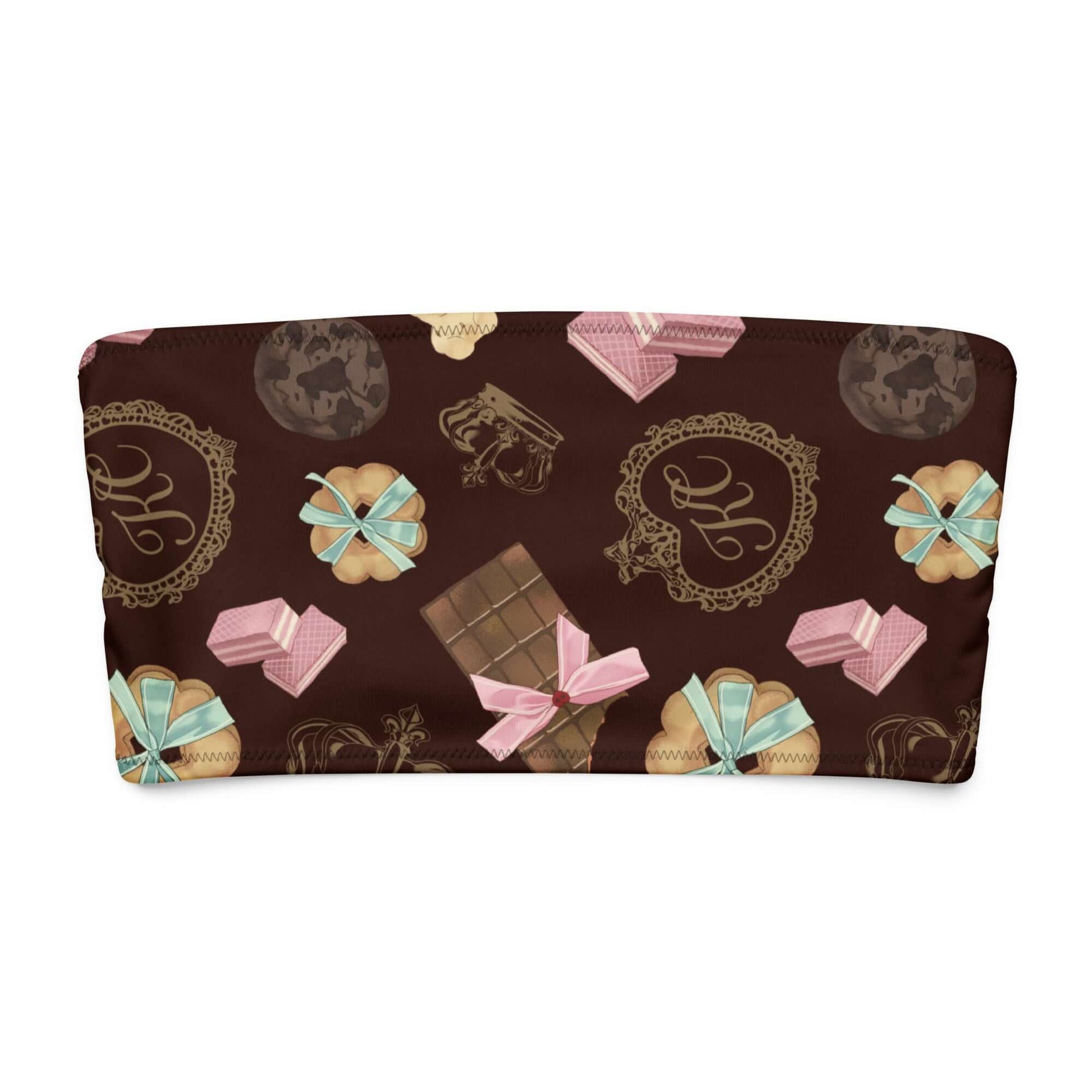 Royal Cookie bandeau bikini top featuring whimsical cookie and chocolate designs on a rich brown background.
