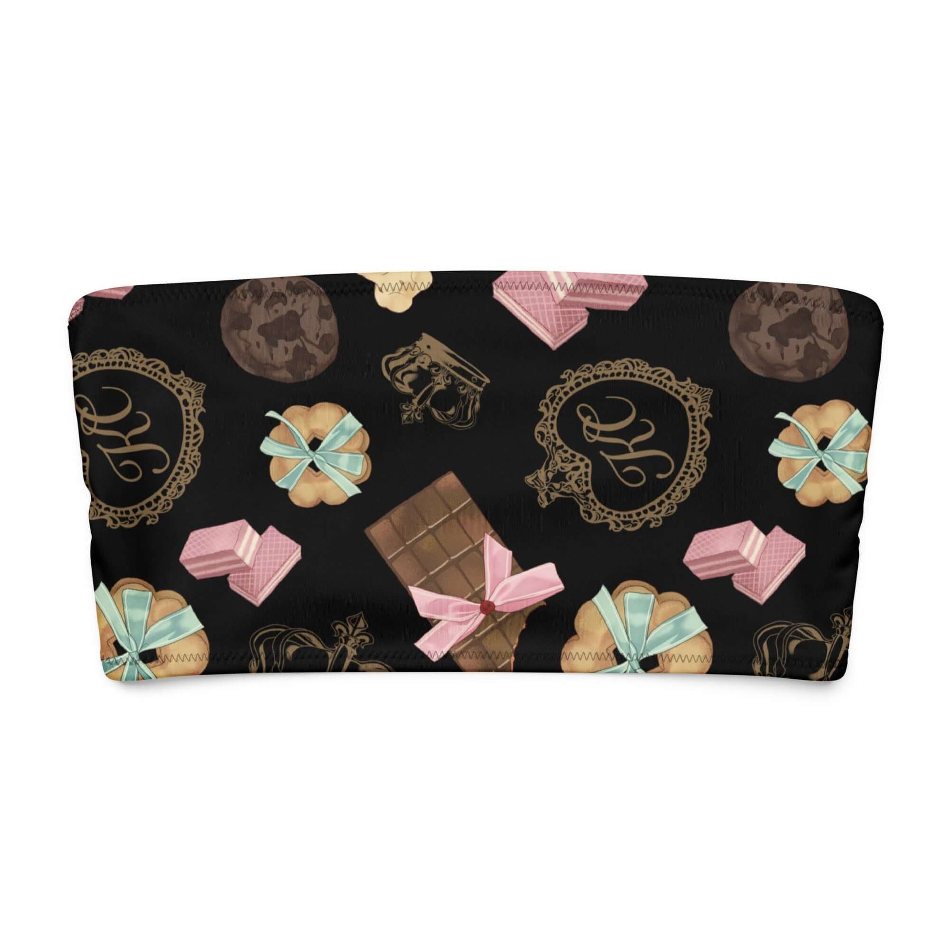 Royal Cookie bandeau bikini top design featuring whimsical cookie and chocolate patterns on a black background.