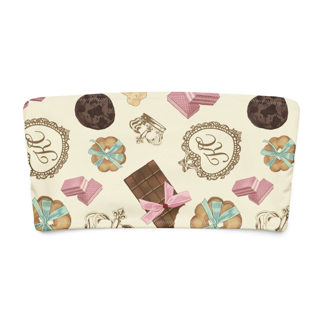 Playful bandeau bikini top featuring an assortment of chocolates and sweets design on a cream background.