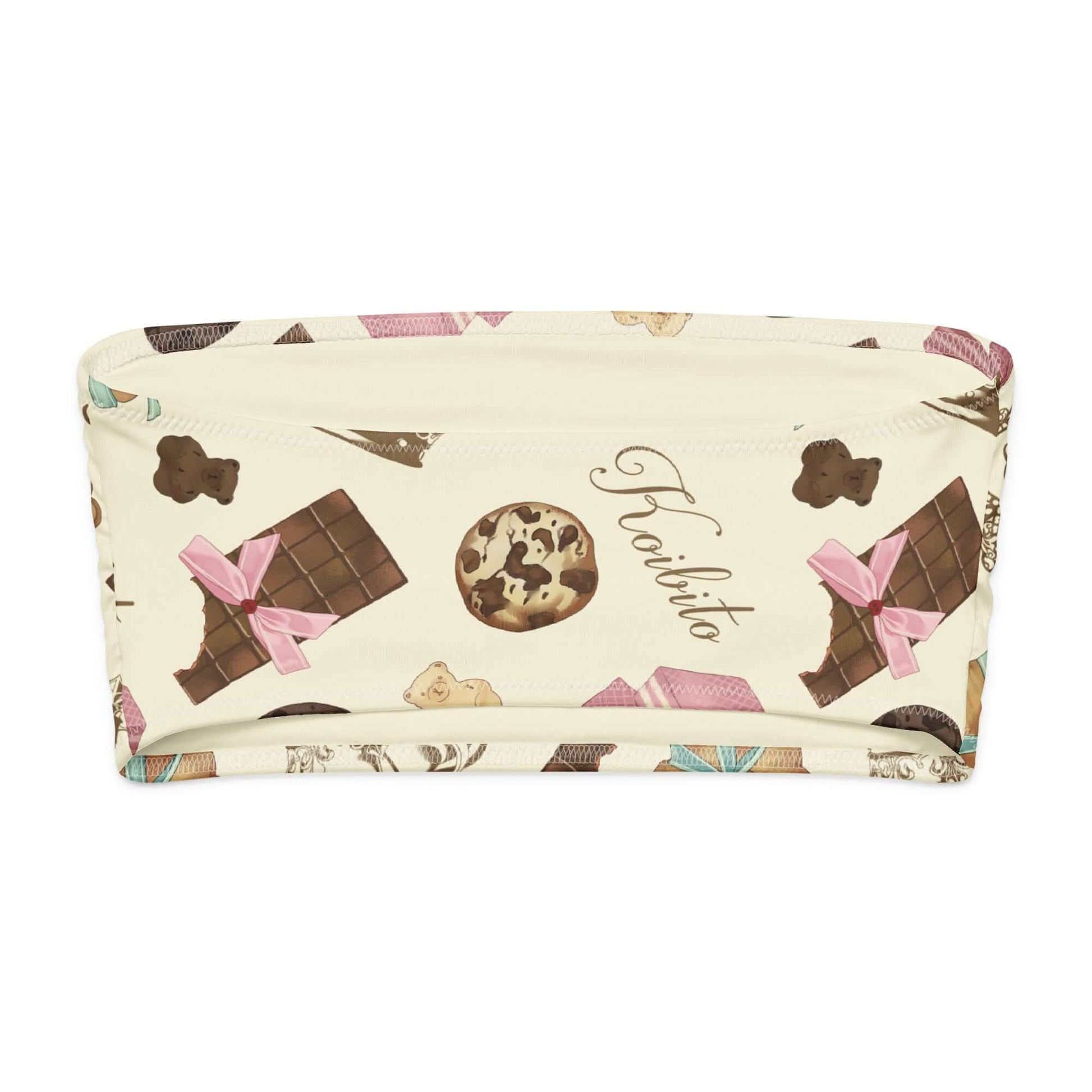 Royal Cookie bandeau bikini top with chocolate-themed design and playful graphics.