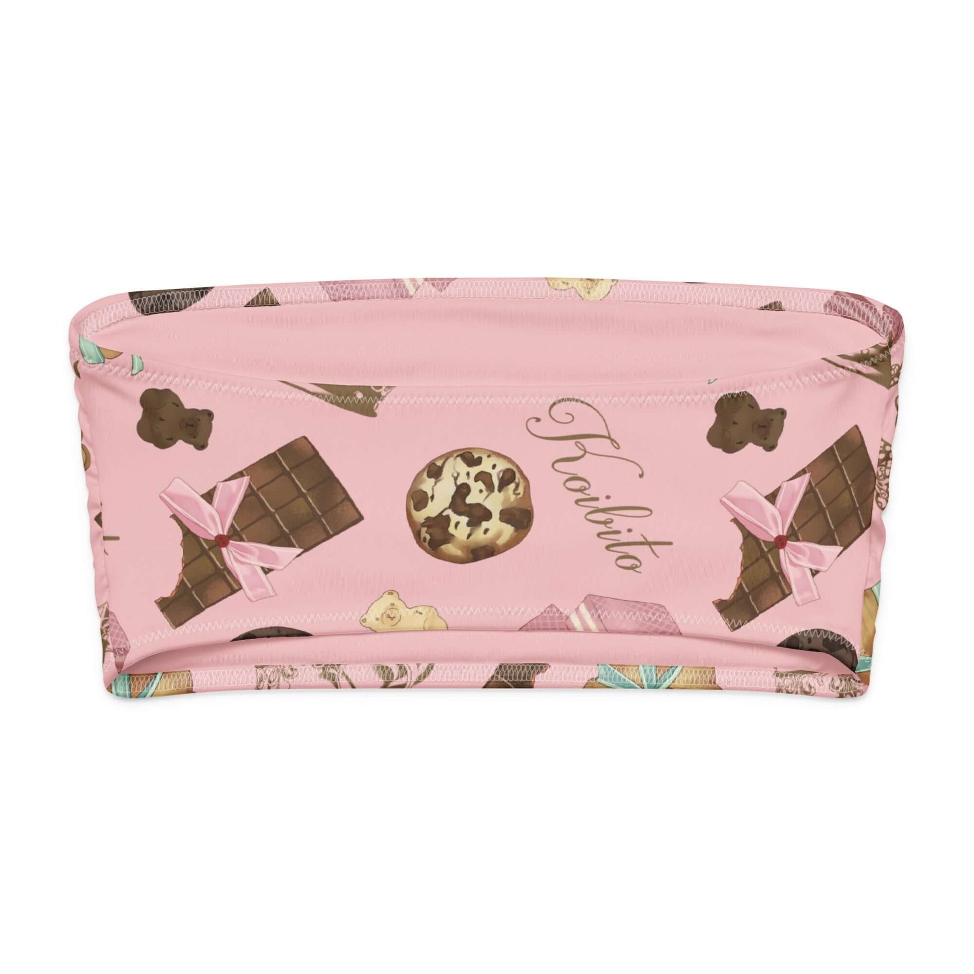 Royal Cookie bandeau bikini top featuring fun chocolate and cookie prints on a pink background.