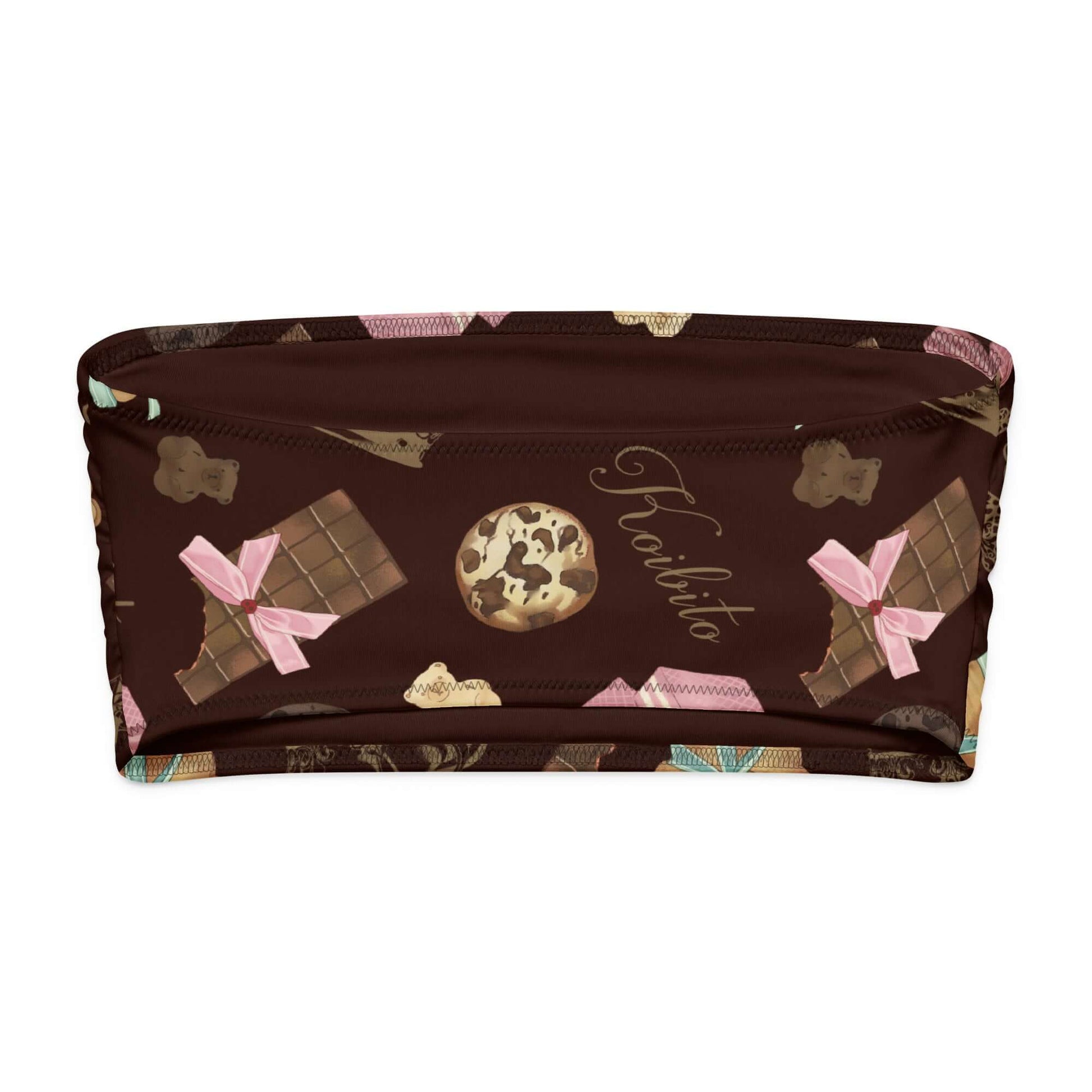 Royal Cookie Bandeau Bikini Top featuring a fun dessert print in brown tones, perfect for summer lounging and tanning.
