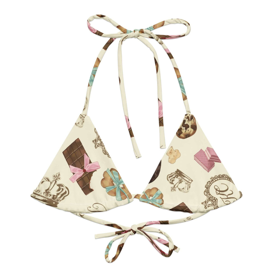 Stylish Royal Cookie Padded String Bikini Top featuring an eco-friendly all-over print, perfect for summer fun.