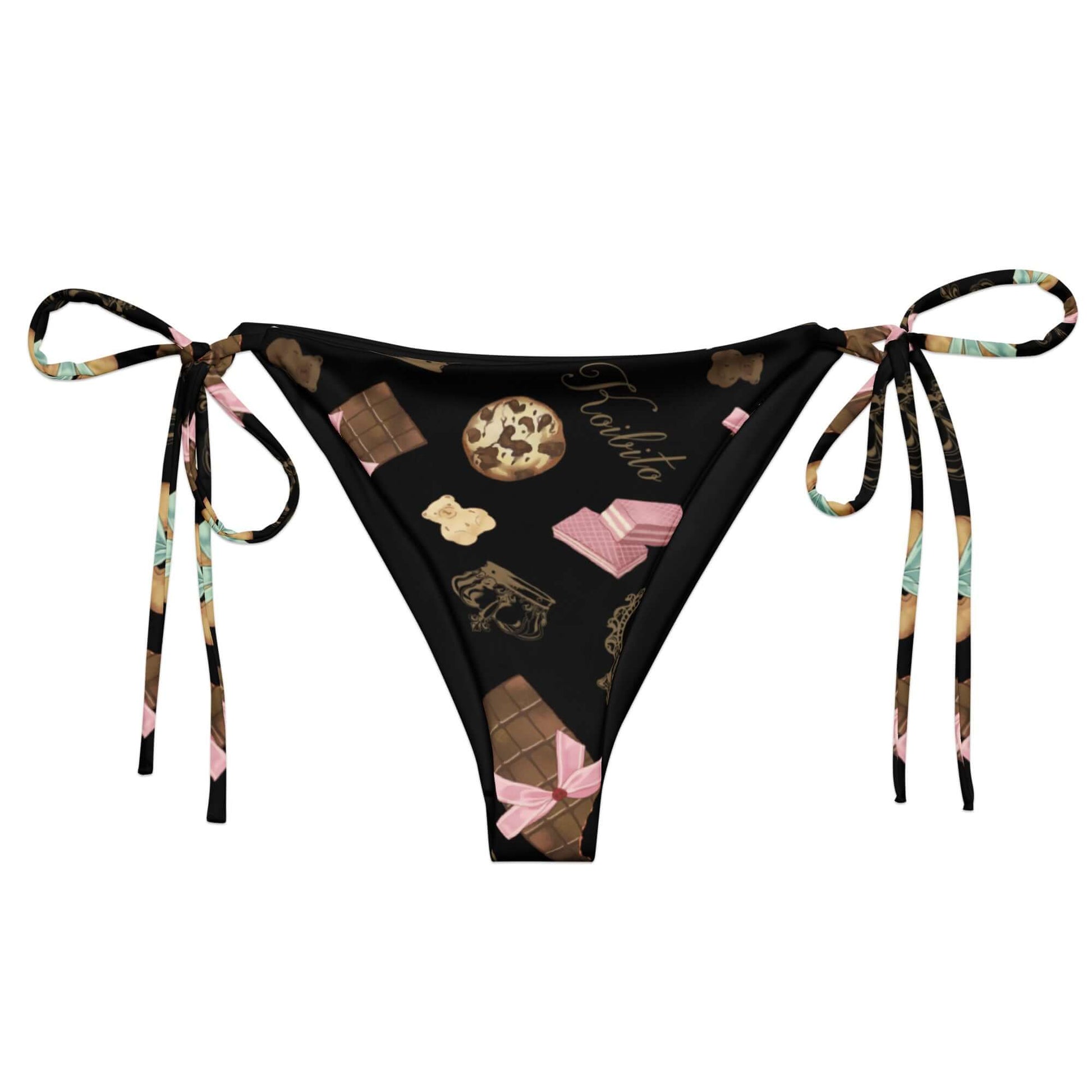 Royal Cookie String Bikini Bottom featuring a fun chocolate print, perfect for sunbathing by the pool this summer.